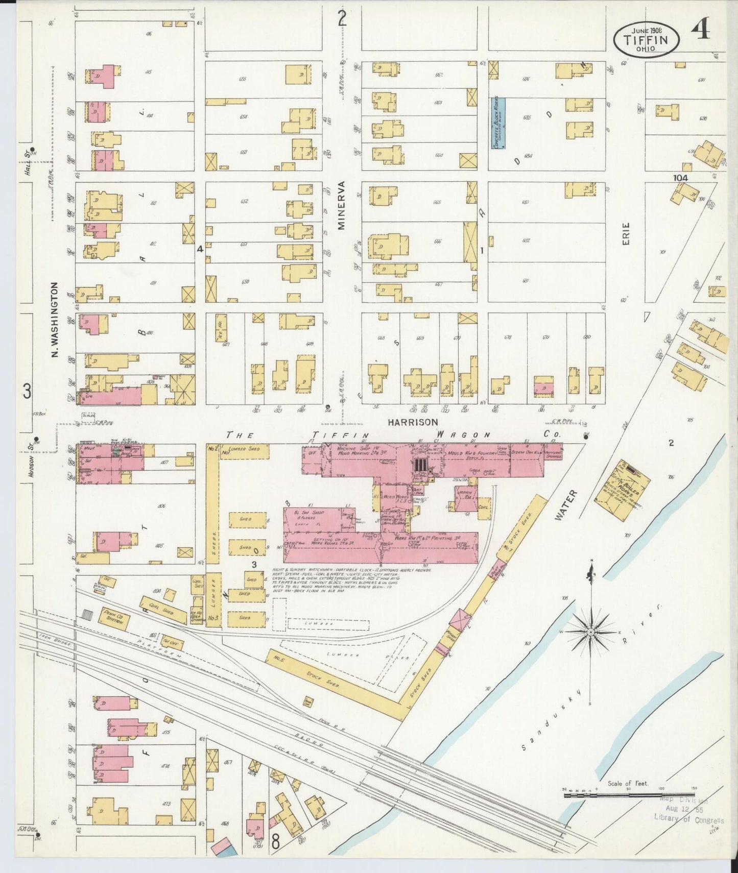 Sanborn Fire Insurance Map from Tiffin, Seneca County, Ohio (1908), Sheet #0004 - Historic Sanborn Fire Insurance Map Print, vintage old map wall art, antique decor, genealogy gift, Ohio Ohio map