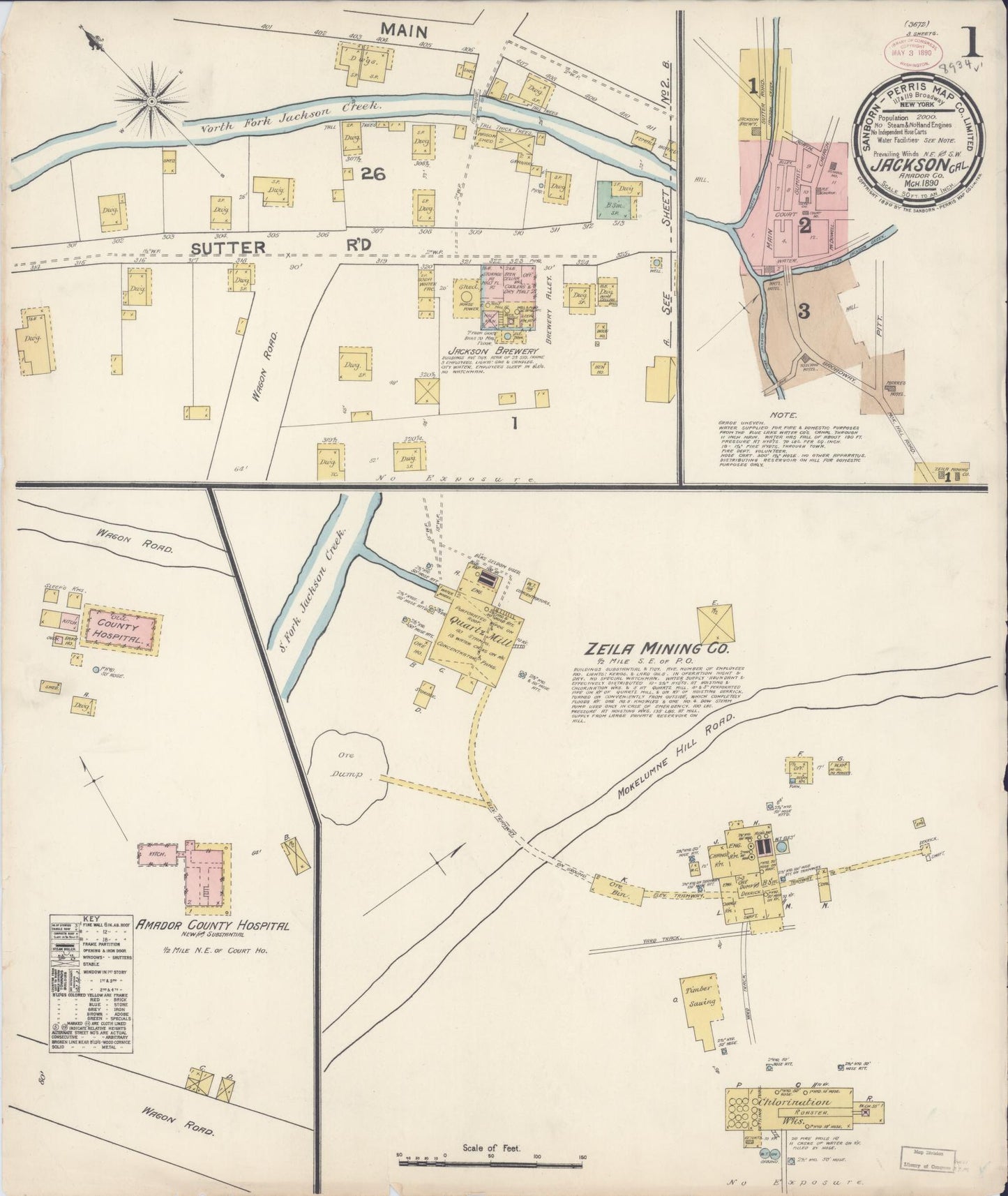 Sanborn Fire Insurance Map from Jackson, Amador County, California (1890), Sheet #0001 - Historic Sanborn Fire Insurance Map Print, vintage old map wall art, antique decor, genealogy gift, California California map