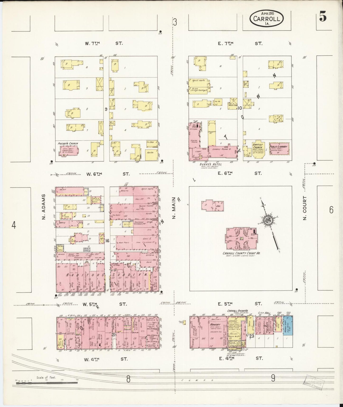 Sanborn Fire Insurance Map from Carroll, Carroll County, Iowa (1915), Sheet #0005 - Historic Sanborn Fire Insurance Map Print, vintage old map wall art