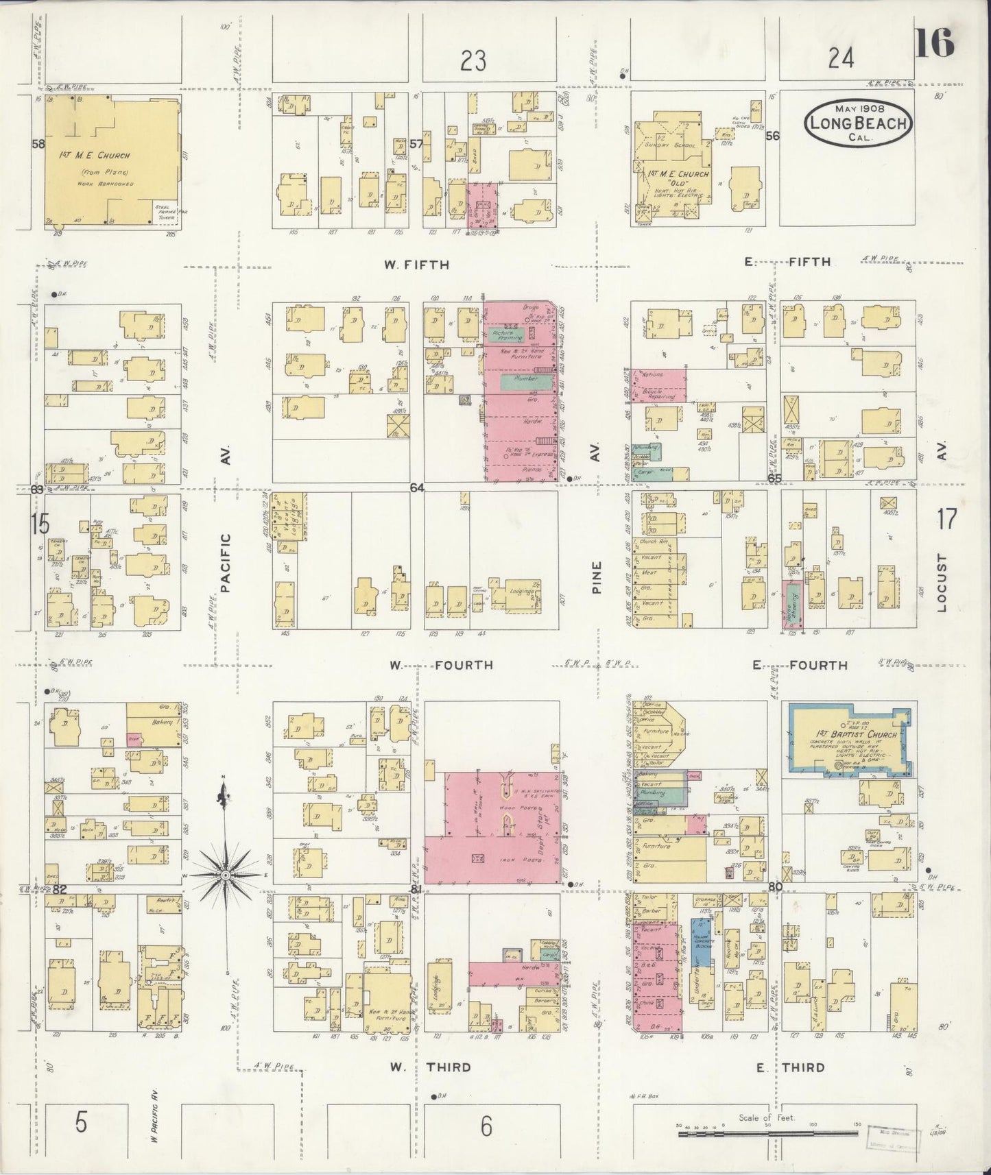Sanborn Fire Insurance Map from Long Beach, Los Angeles County, California (1908), Sheet #0016 - Historic Sanborn Fire Insurance Map Print, vintage old map wall art, antique decor, genealogy gift, California California map