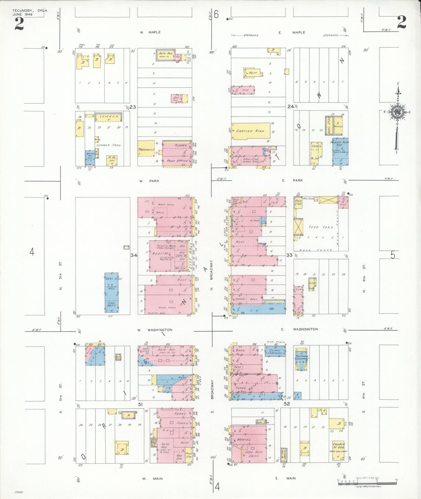 Sanborn Fire Insurance Map from Tecumseh, Pottawatomie County, Oklahoma (1949), Sheet #0002 - Historic Sanborn Fire Insurance Map Print, vintage old map wall art, antique decor, genealogy gift, Oklahoma Oklahoma map