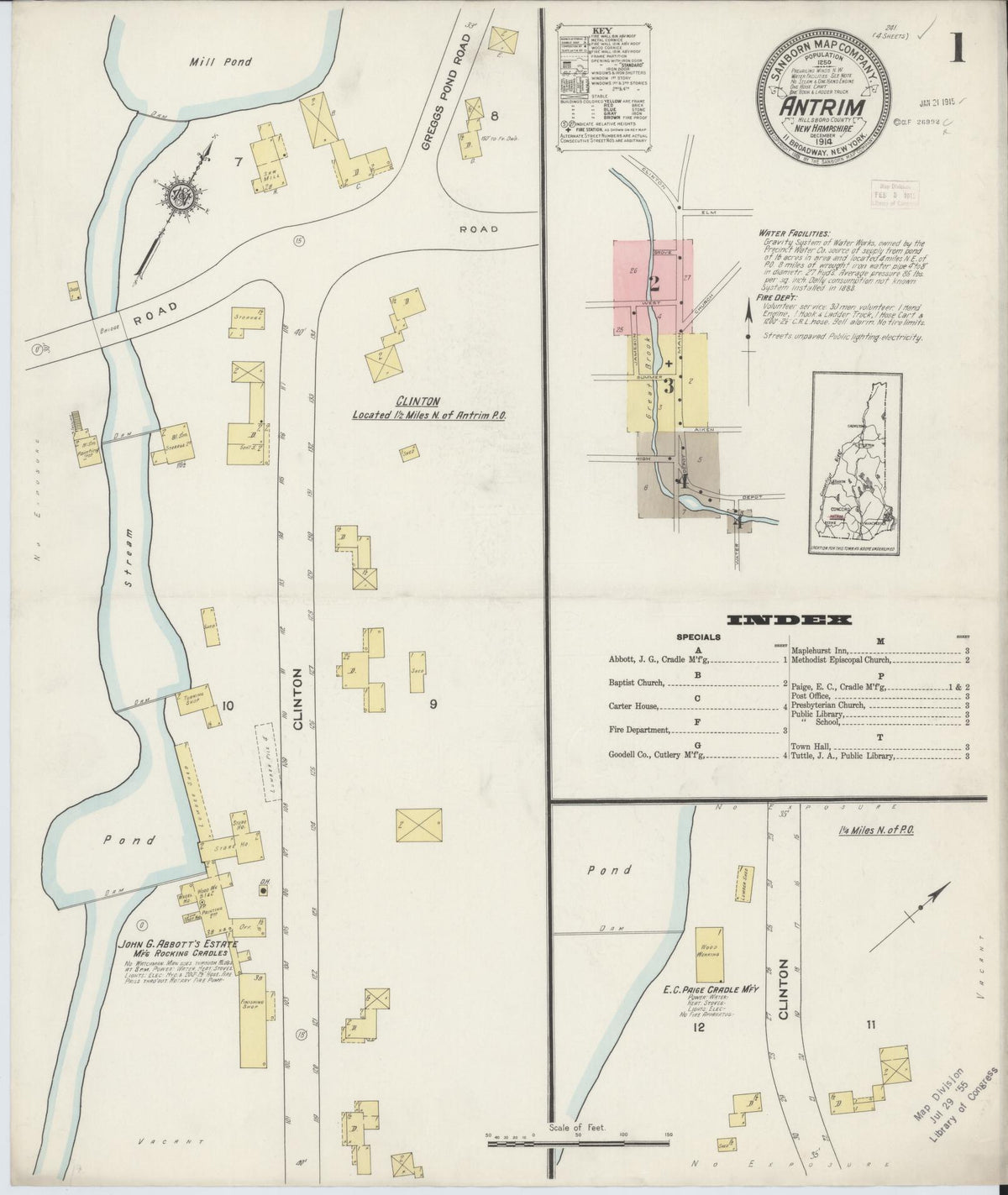 Sanborn Fire Insurance Map from Antrim, Hillsborough County, New Hampshire (1914), Sheet #0001 - Historic Sanborn Fire Insurance Map Print, vintage old map wall art, antique decor, genealogy gift, New Hampshire New Hampshire map
