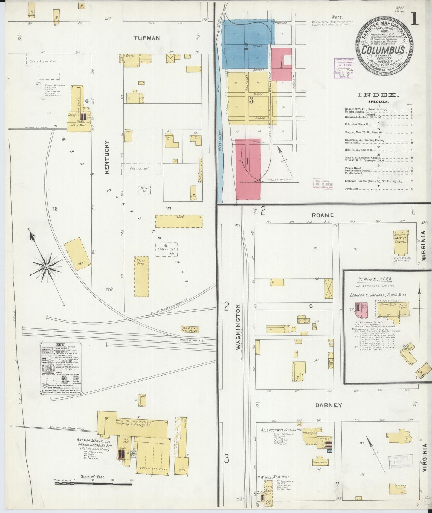 Sanborn Fire Insurance Map from Columbus, Hickman County, Kentucky (1905), Sheet #0001 - Historic Sanborn Fire Insurance Map Print, vintage old map wall art, antique decor, genealogy gift, Kentucky Kentucky map