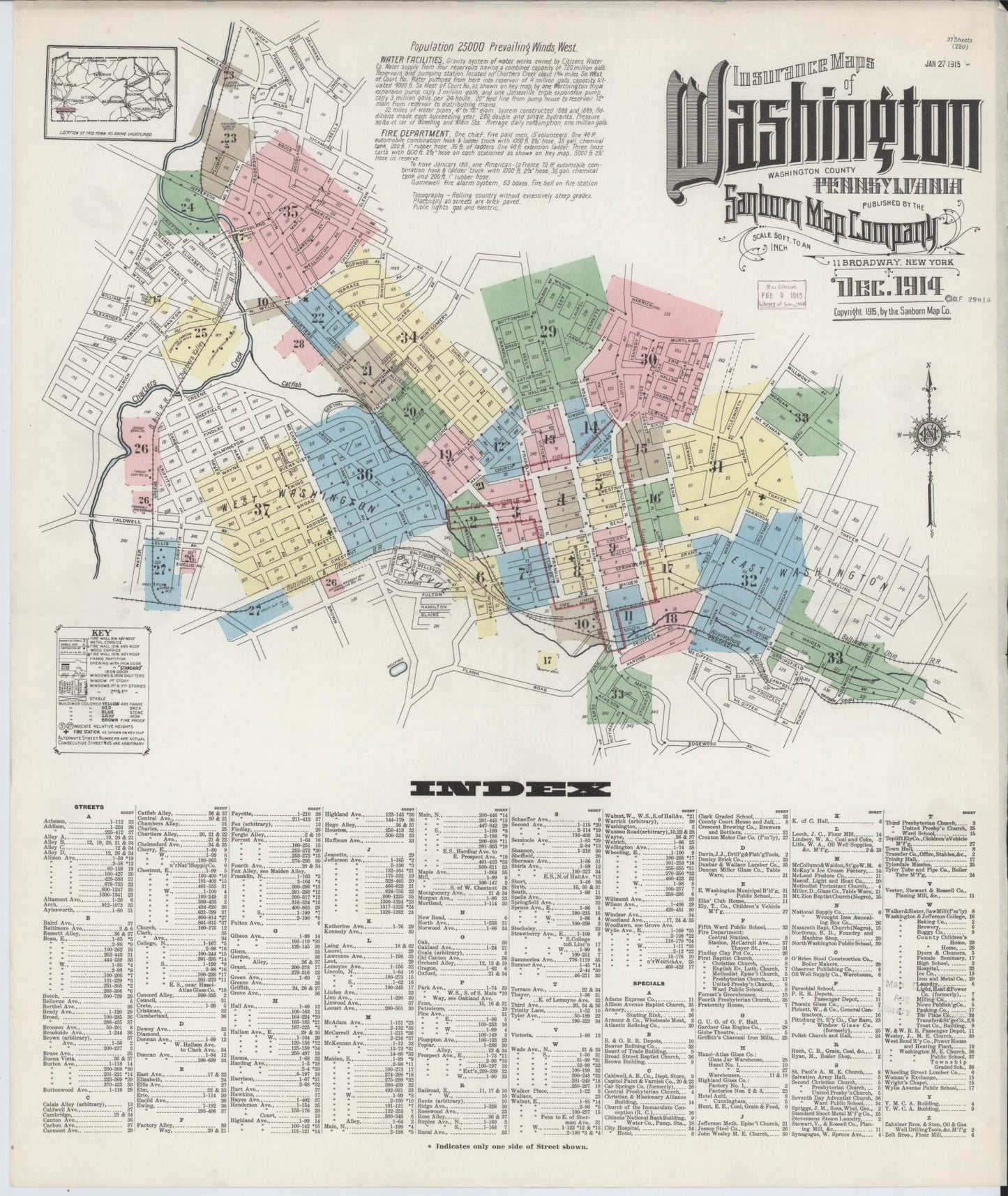 Sanborn Fire Insurance Map from Washington, Washington County, Pennsylvania (1914), Sheet #0001 - Historic Sanborn Fire Insurance Map Print, vintage old map wall art, antique decor, genealogy gift, Sanborn Fire Insurance Map from Washington Washington map