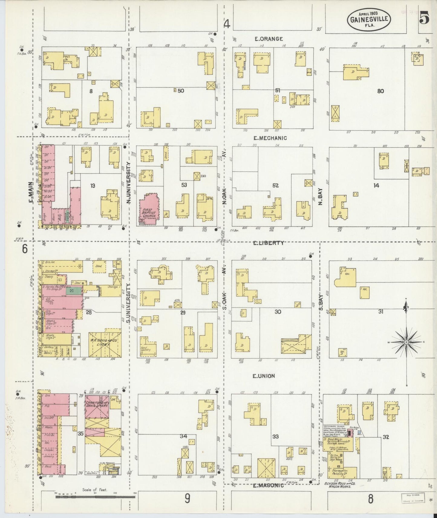 Sanborn Fire Insurance Map from Gainesville, Alachua County, Florida (1903), Sheet #0005 - Historic Sanborn Fire Insurance Map Print, vintage old map wall art, antique decor, genealogy gift, Florida Florida map