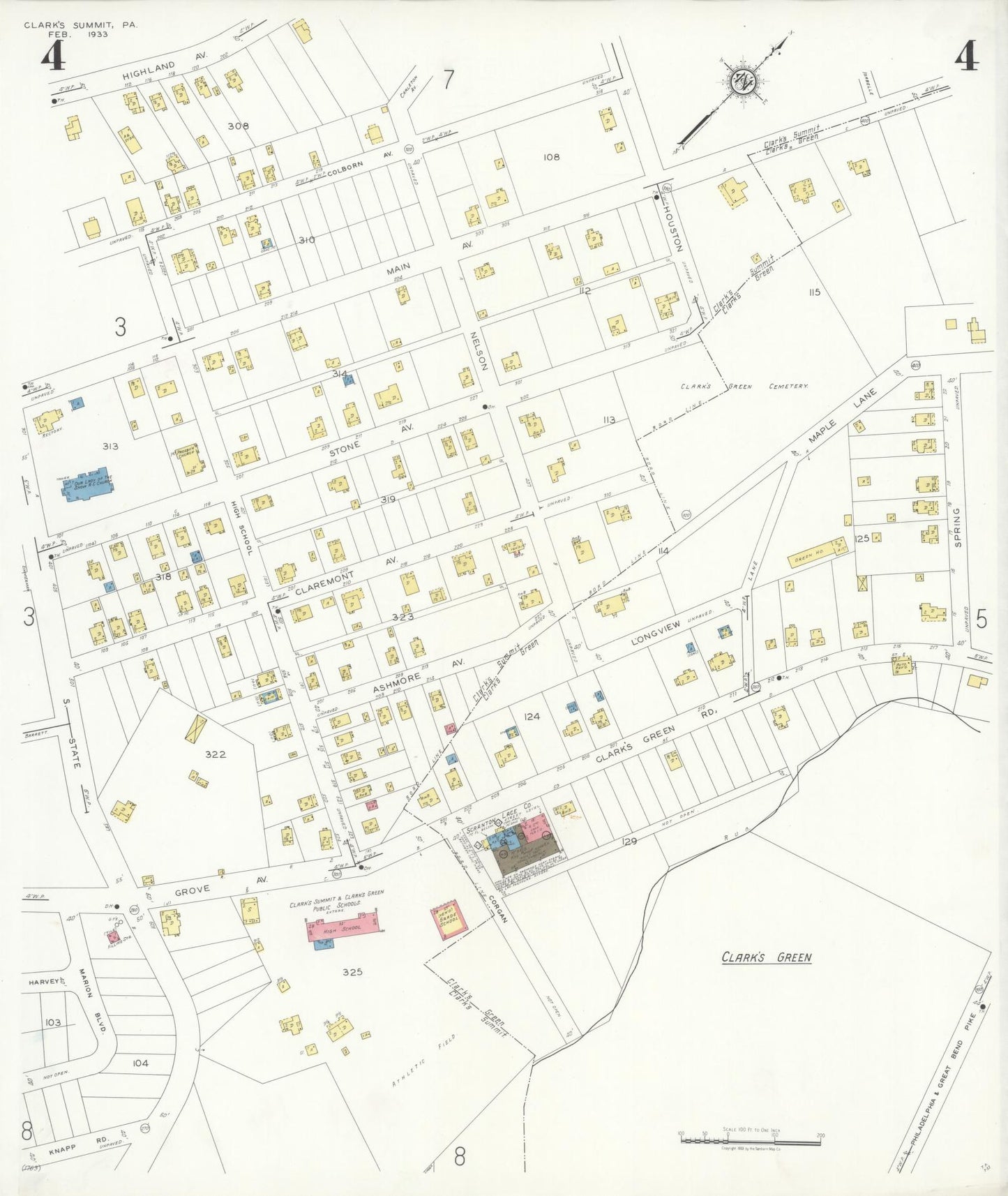 Sanborn Fire Insurance Map from Clark's Summit, Lackawanna County, Pennsylvania (1933), Sheet #0004 - Historic Sanborn Fire Insurance Map Print, vintage old map wall art, antique decor, genealogy gift, Pennsylvania Pennsylvania map