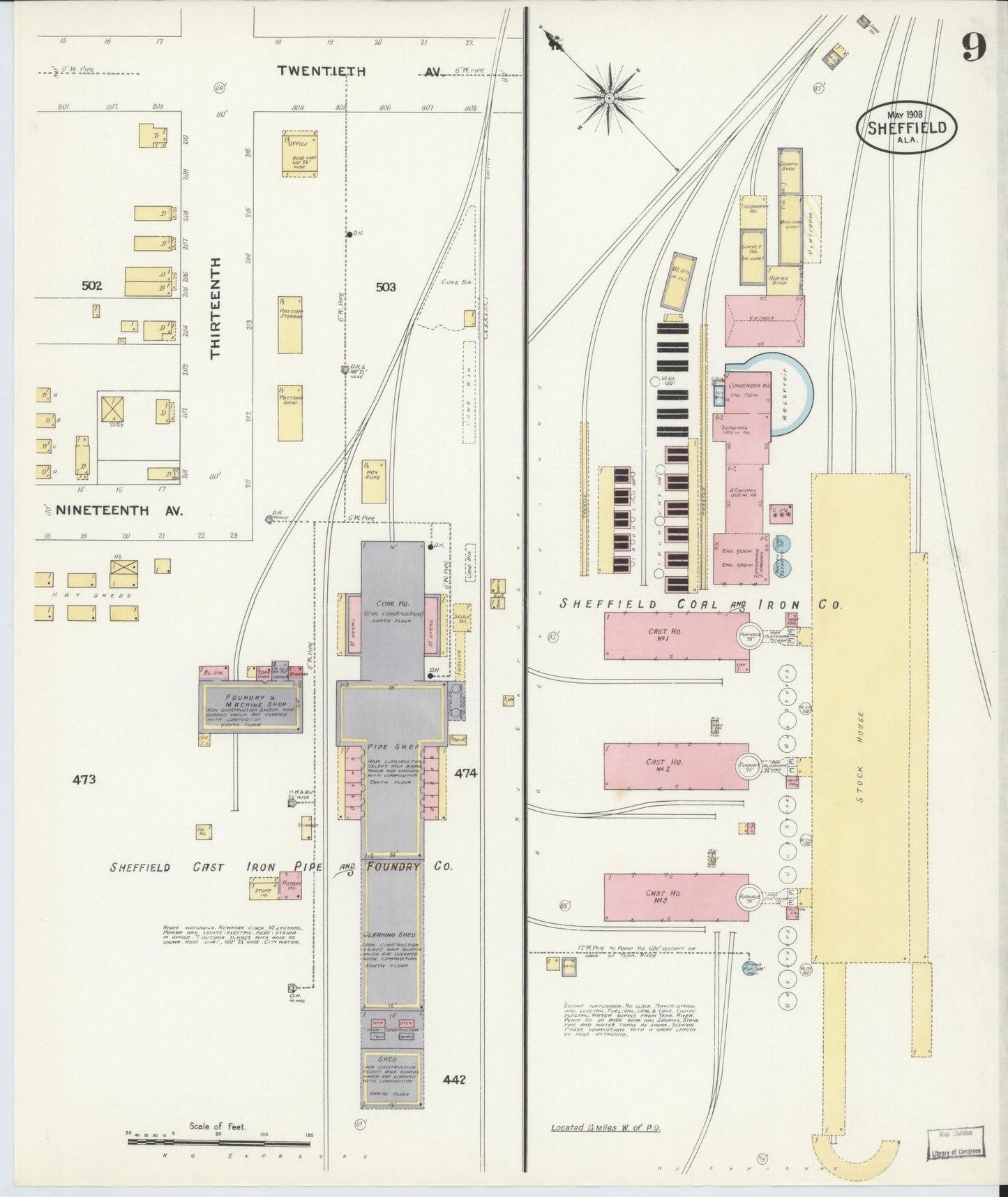 Sanborn Fire Insurance Map from Sheffield, Colbert County, Alabama (1908), Sheet #0009 - Historic Sanborn Fire Insurance Map Print, vintage old map wall art, antique decor, genealogy gift, Alabama Alabama map