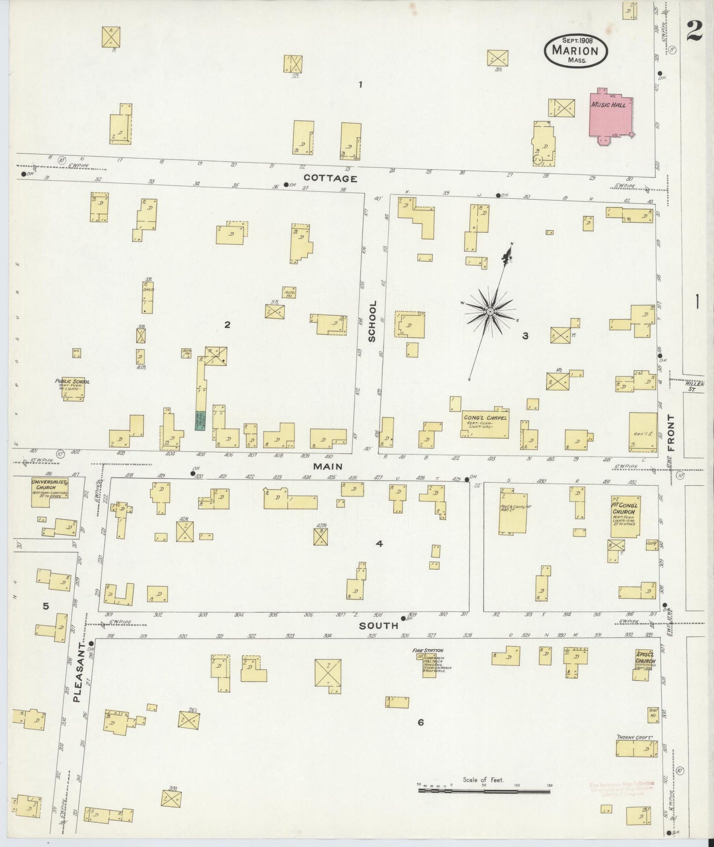 Sanborn Fire Insurance Map from Marion, Plymouth County, Massachusetts (1908), Sheet #0002 - Historic Sanborn Fire Insurance Map Print, vintage old map wall art, antique decor, genealogy gift, Massachusetts Massachusetts map