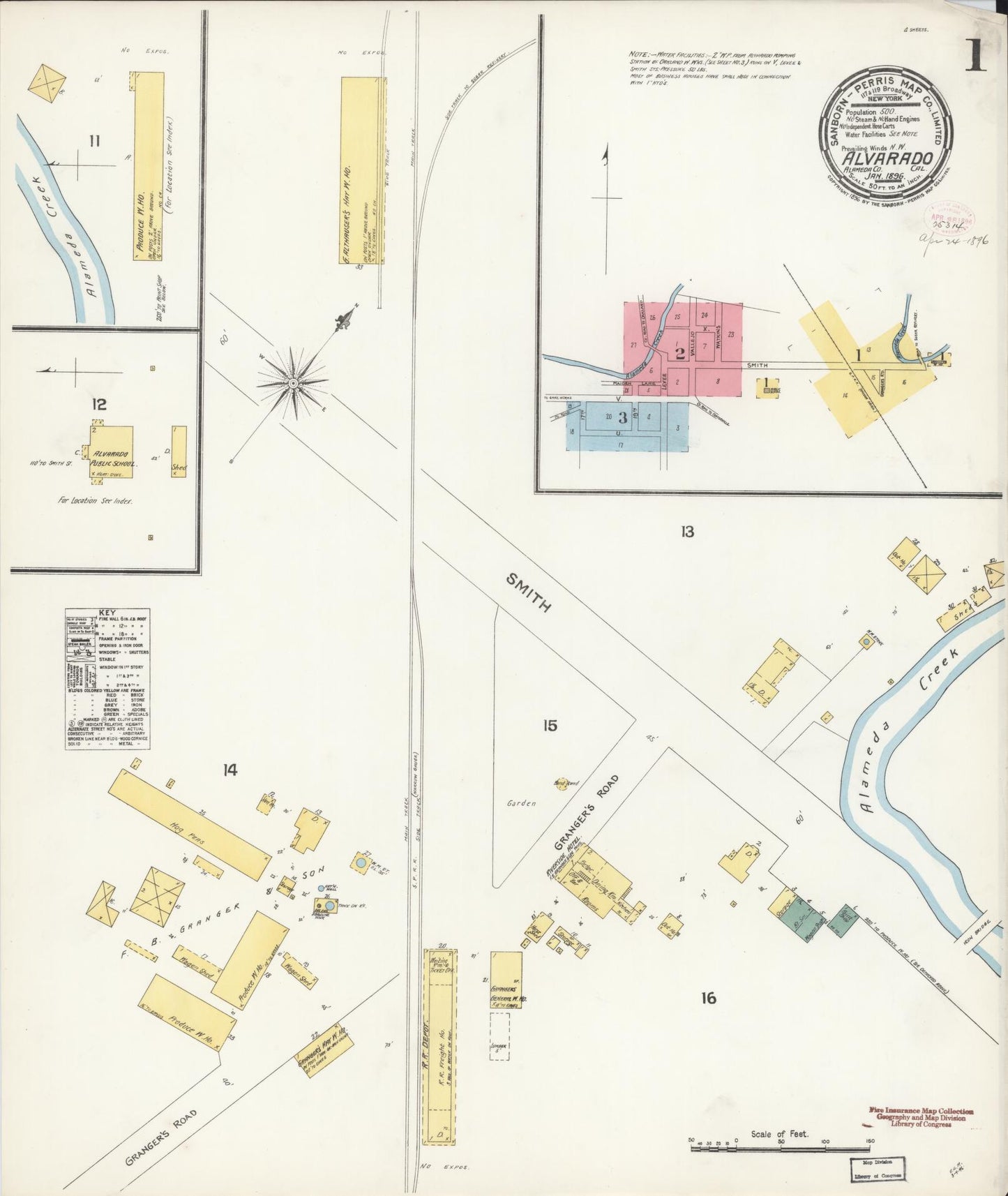 Sanborn Fire Insurance Map from Alvarado, Alameda County, California (1896), Sheet #0001 - Historic Sanborn Fire Insurance Map Print, vintage old map wall art, antique decor, genealogy gift, California California map