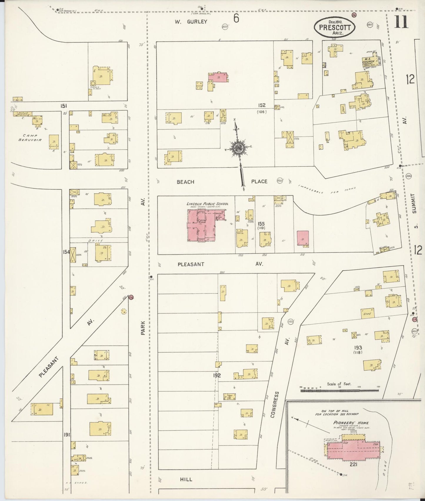 Sanborn Fire Insurance Map from Prescott, Yavapai County, Arizona (1910), Sheet #0011 - Historic Sanborn Fire Insurance Map Print, vintage old map wall art, antique decor, genealogy gift, Arizona Arizona map