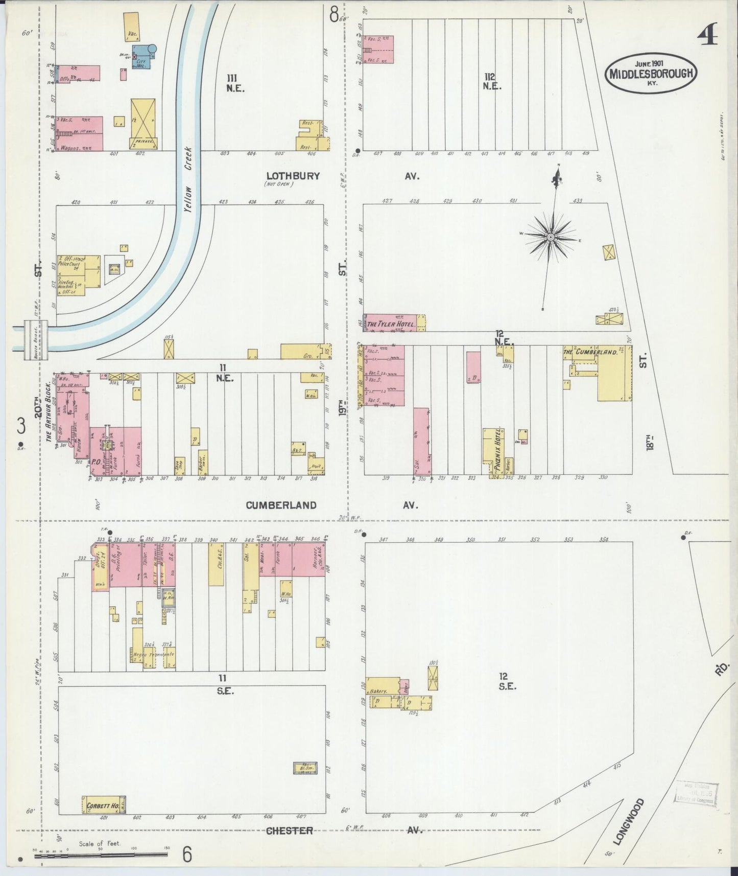Sanborn Fire Insurance Map from Middlesboro, Bell County, Kentucky (1901), Sheet #0004 - Historic Sanborn Fire Insurance Map Print, vintage old map wall art, antique decor, genealogy gift, Kentucky Kentucky map