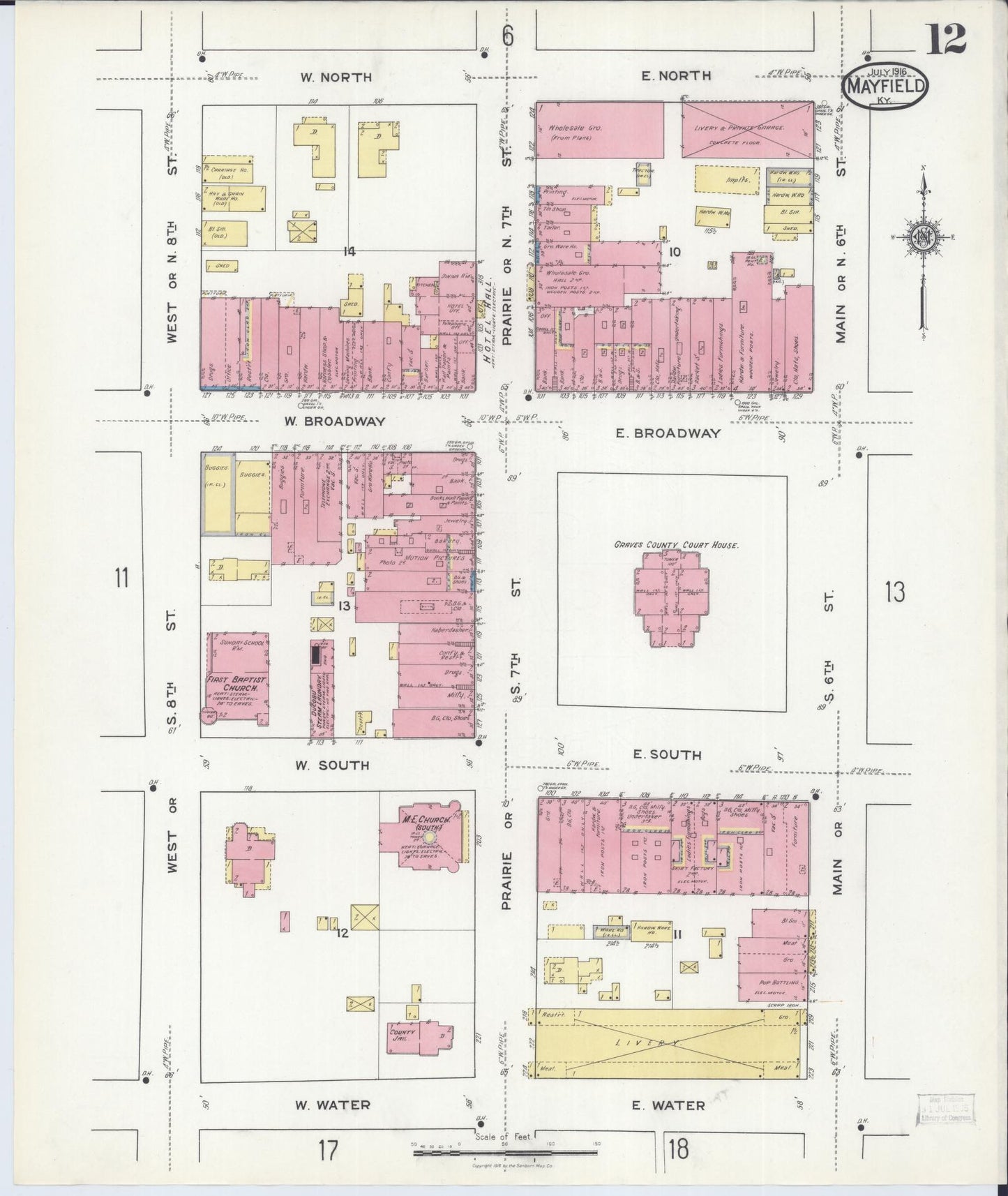 Sanborn Fire Insurance Map from Mayfield, Graves County, Kentucky (1916), Sheet #0012 - Historic Sanborn Fire Insurance Map Print, vintage old map wall art, antique decor, genealogy gift, Kentucky Kentucky map