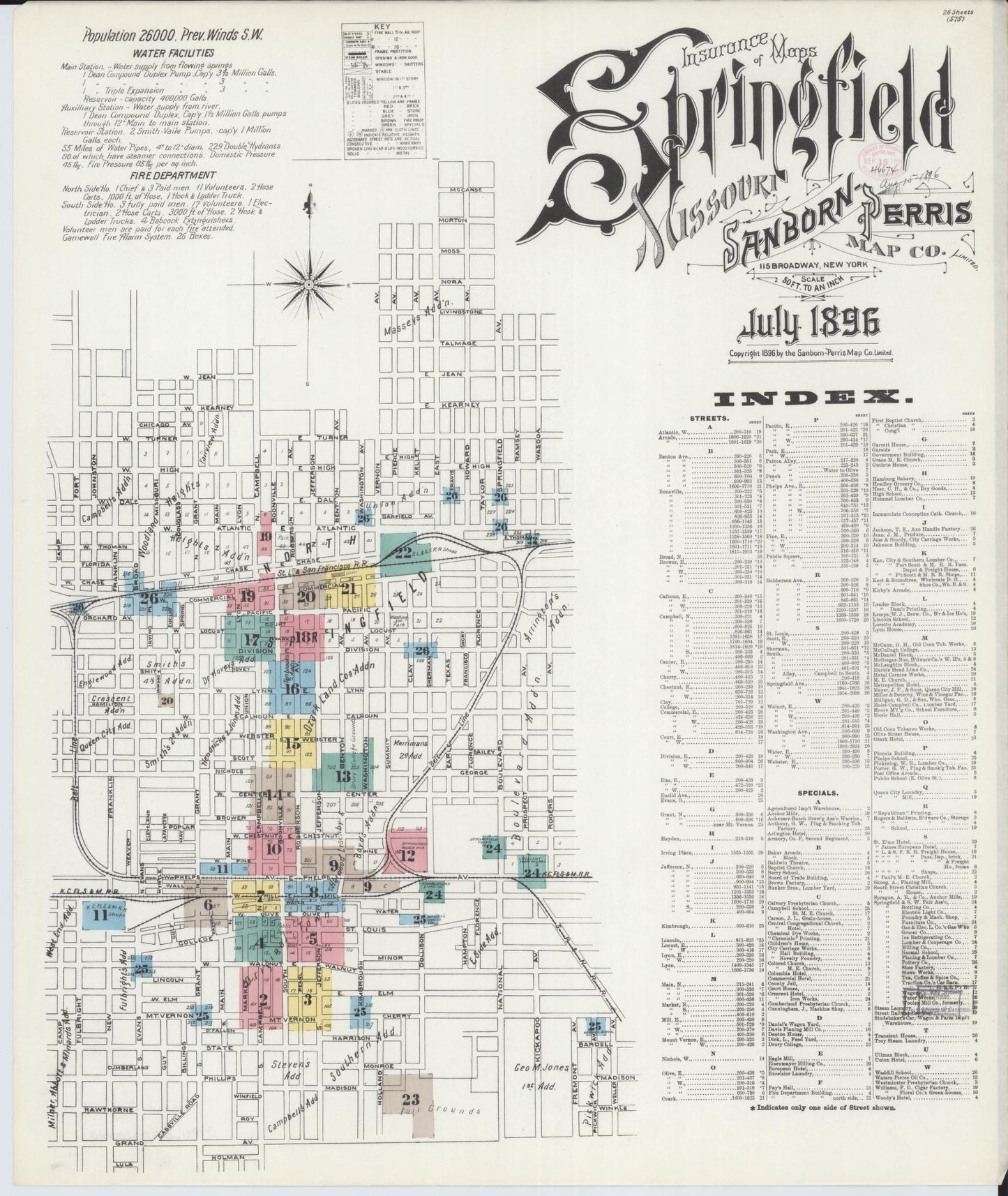 Sanborn Fire Insurance Map from Springfield, Greene County, Missouri (1896), Sheet #0001 - Historic Sanborn Fire Insurance Map Print, vintage old map wall art, antique decor, genealogy gift, Missouri Missouri map