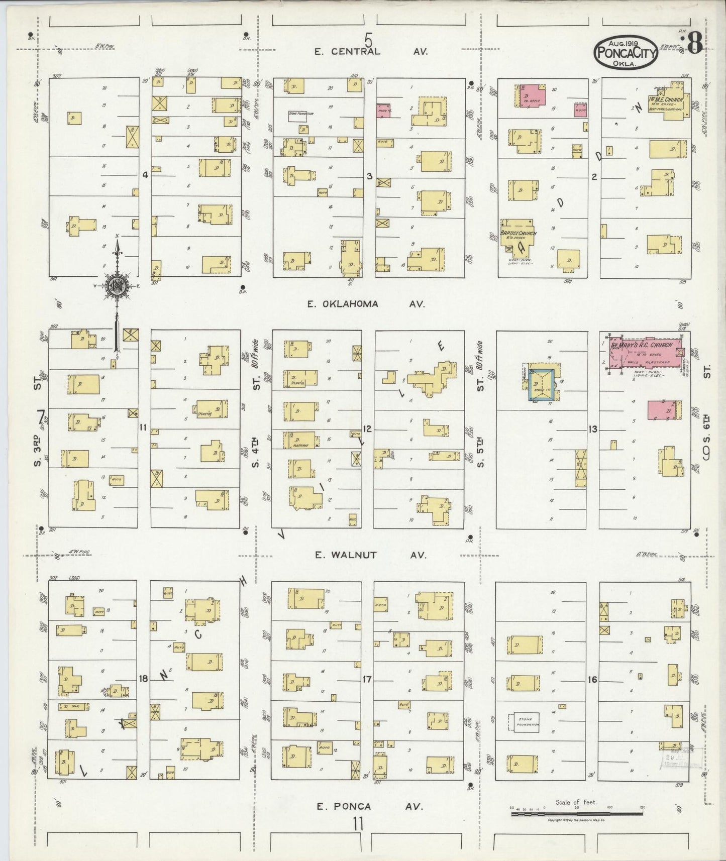 Sanborn Fire Insurance Map from Ponca City, Kay County, Oklahoma (1919), Sheet #0008 - Historic Sanborn Fire Insurance Map Print, vintage old map wall art, antique decor, genealogy gift, Oklahoma Oklahoma map