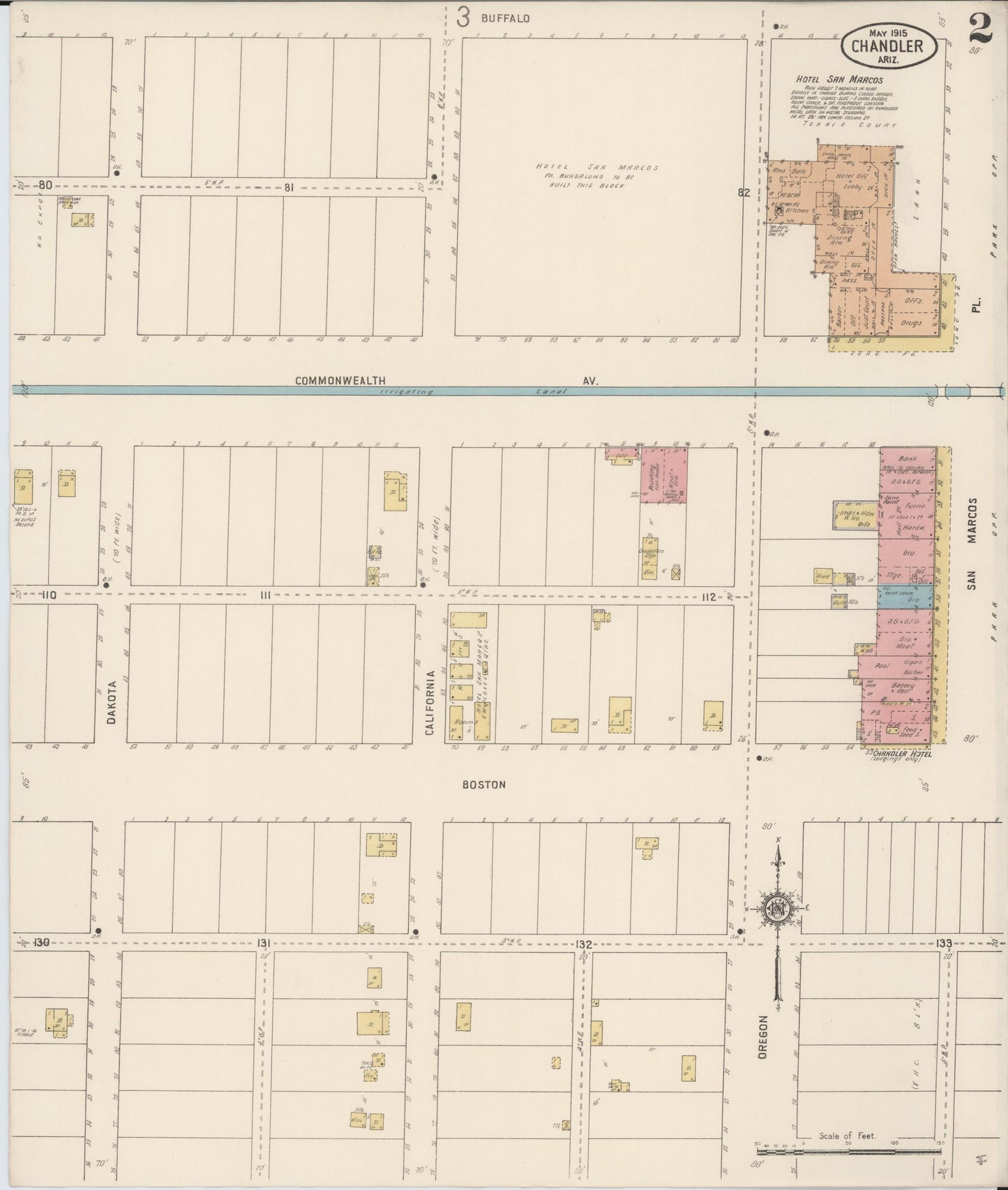 Sanborn Fire Insurance Map from Chandler, Maricopa County, Arizona (1915), Sheet #0002 - Historic Sanborn Fire Insurance Map Print, vintage old map wall art, antique decor, genealogy gift, Arizona Arizona map