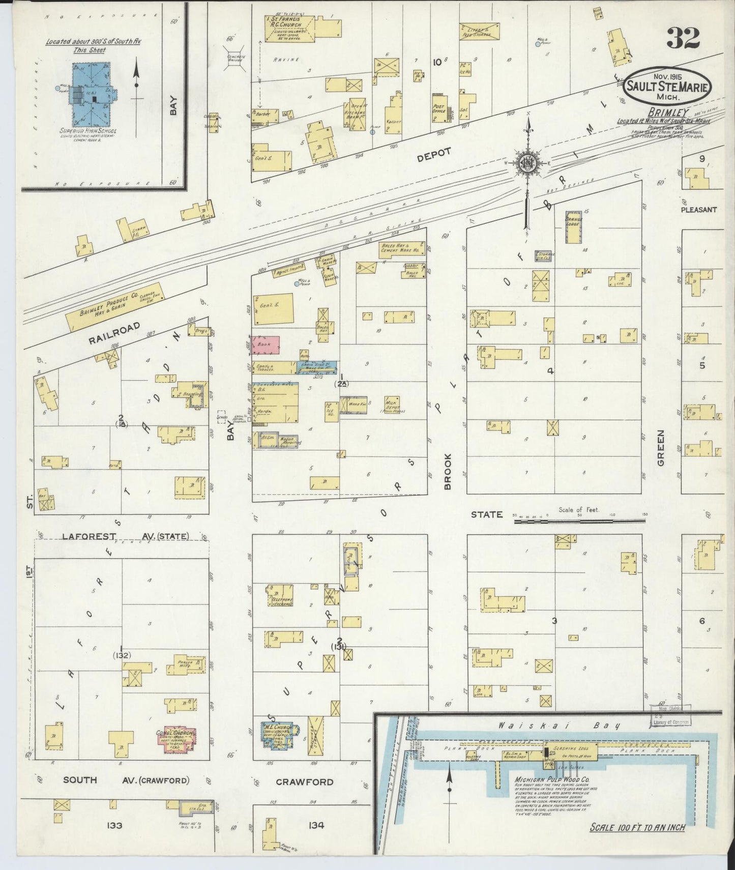 Sanborn Fire Insurance Map from Sault Sainte Marie, Chippewa County, Michigan (1915), Sheet #0032 - Complete Map Set gallery image, historic Sanborn map, vintage wall art, Michigan Michigan