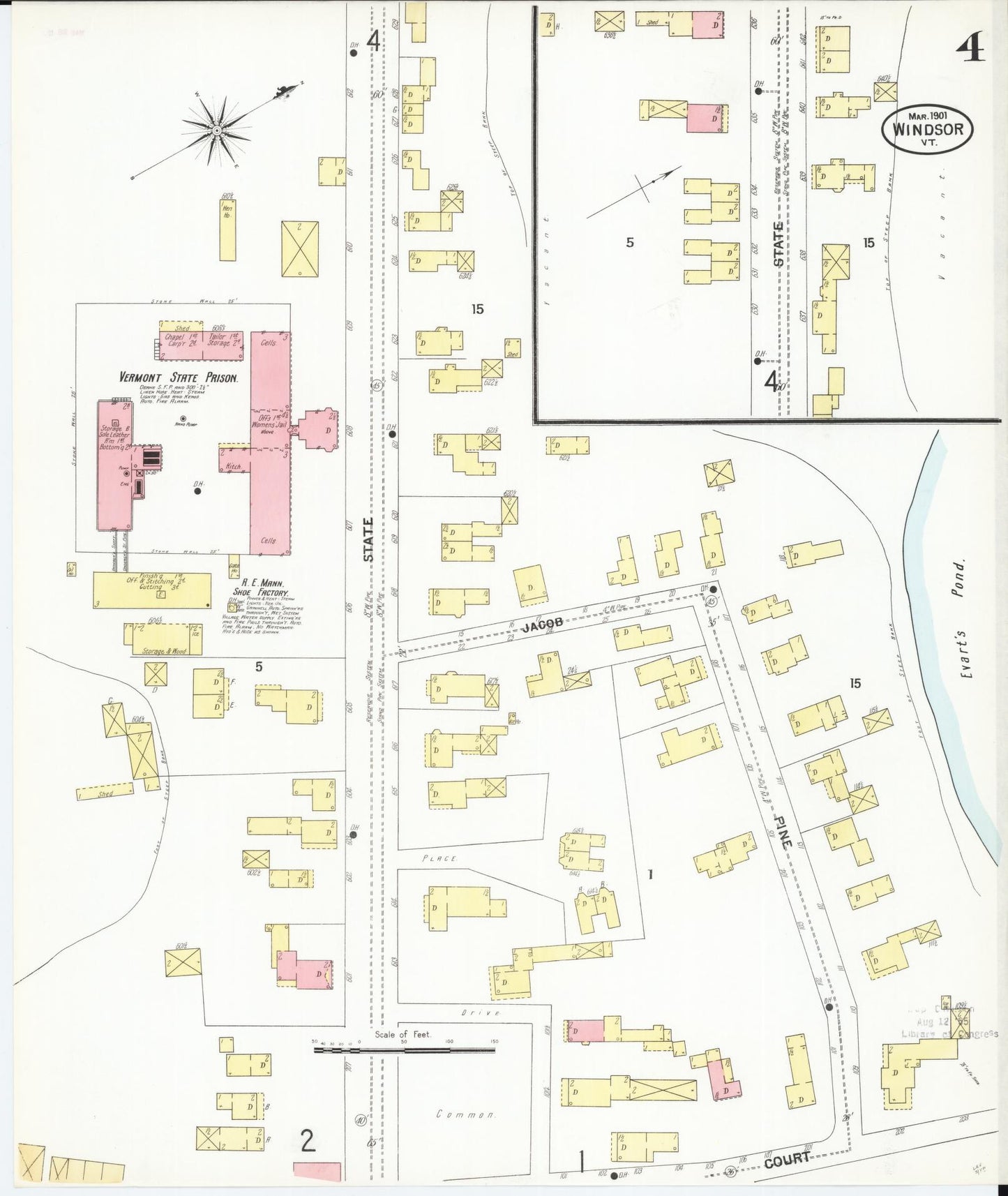 Sanborn Fire Insurance Map from Windsor, Windsor County, Vermont (1901), Sheet #0004 - Historic Sanborn Fire Insurance Map Print, vintage old map wall art, antique decor, genealogy gift, Vermont Vermont map