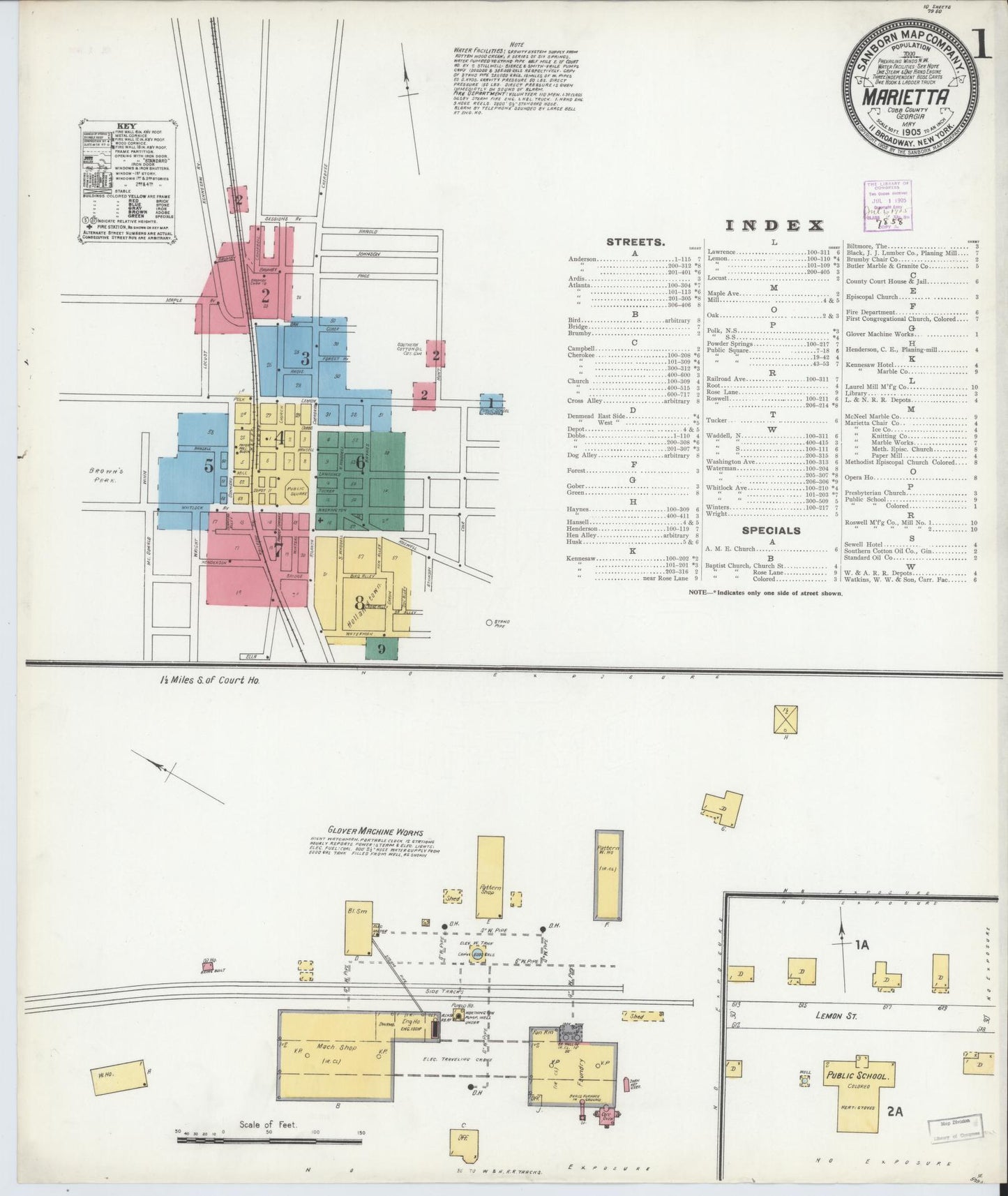 Sanborn Fire Insurance Map from Marietta, Cobb County, Georgia (1905), Sheet #0001 - Historic Sanborn Fire Insurance Map Print, vintage old map wall art, antique decor, genealogy gift, Georgia Georgia map