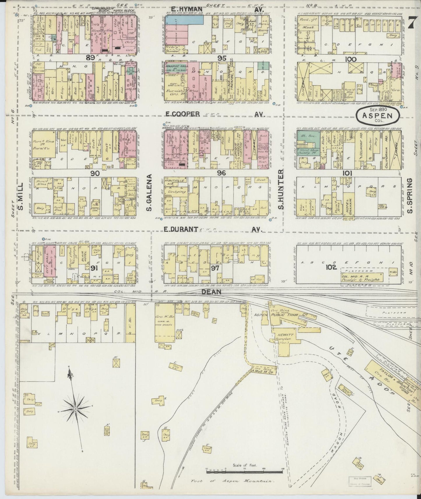 Sanborn Fire Insurance Map from Aspen, Pitkin County, Colorado (1890), Sheet #0007 - Historic Sanborn Fire Insurance Map Print, vintage old map wall art, antique decor, genealogy gift, Colorado Colorado map