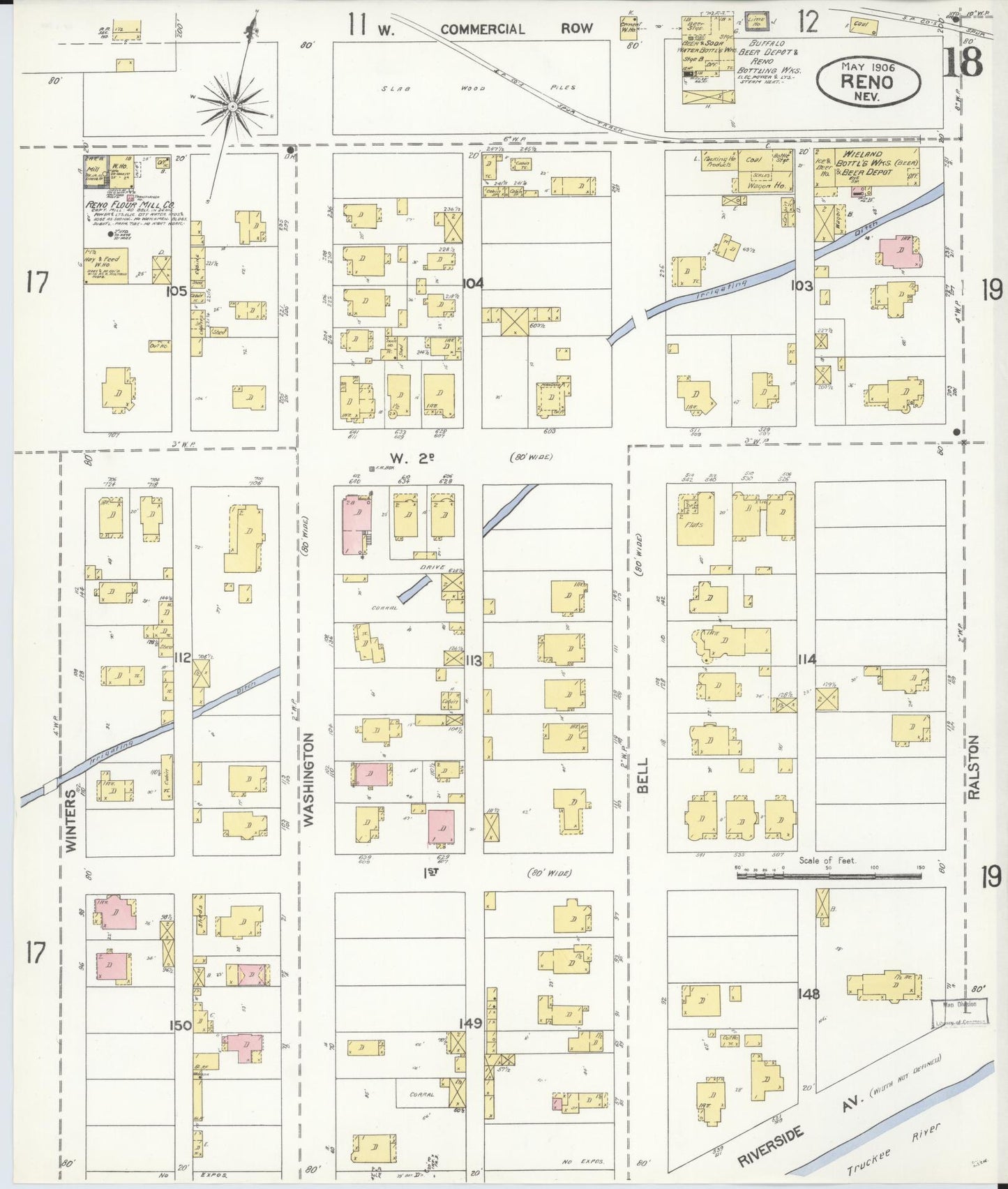 Sanborn Fire Insurance Map from Reno, Washoe County, Nevada (1906), Sheet #0018 - Historic Sanborn Fire Insurance Map Print, vintage old map wall art, antique decor, genealogy gift, Nevada Nevada map