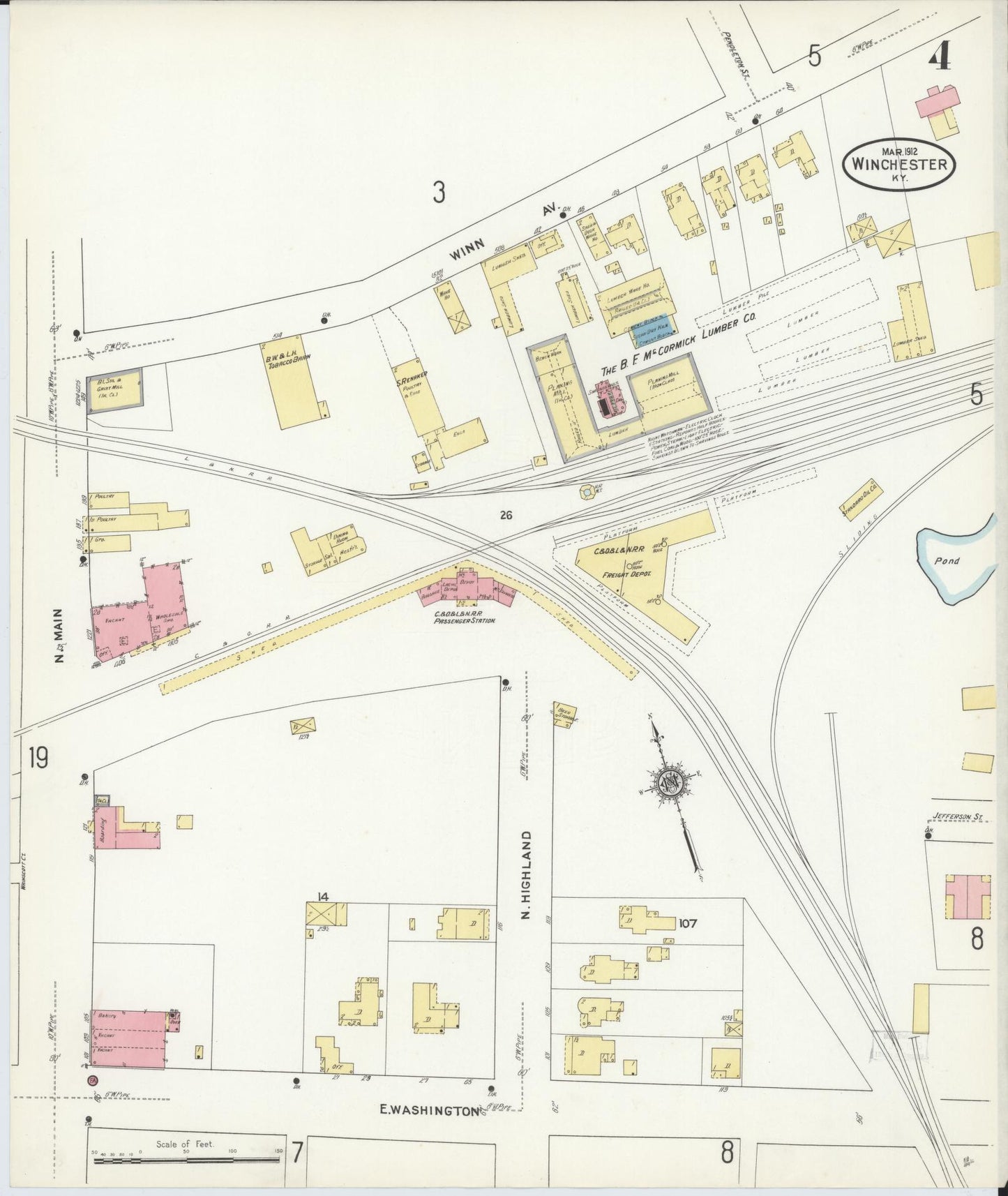 Sanborn Fire Insurance Map from Winchester, Clark County, Kentucky (1912), Sheet #0004 - Historic Sanborn Fire Insurance Map Print, vintage old map wall art, antique decor, genealogy gift, Kentucky Kentucky map