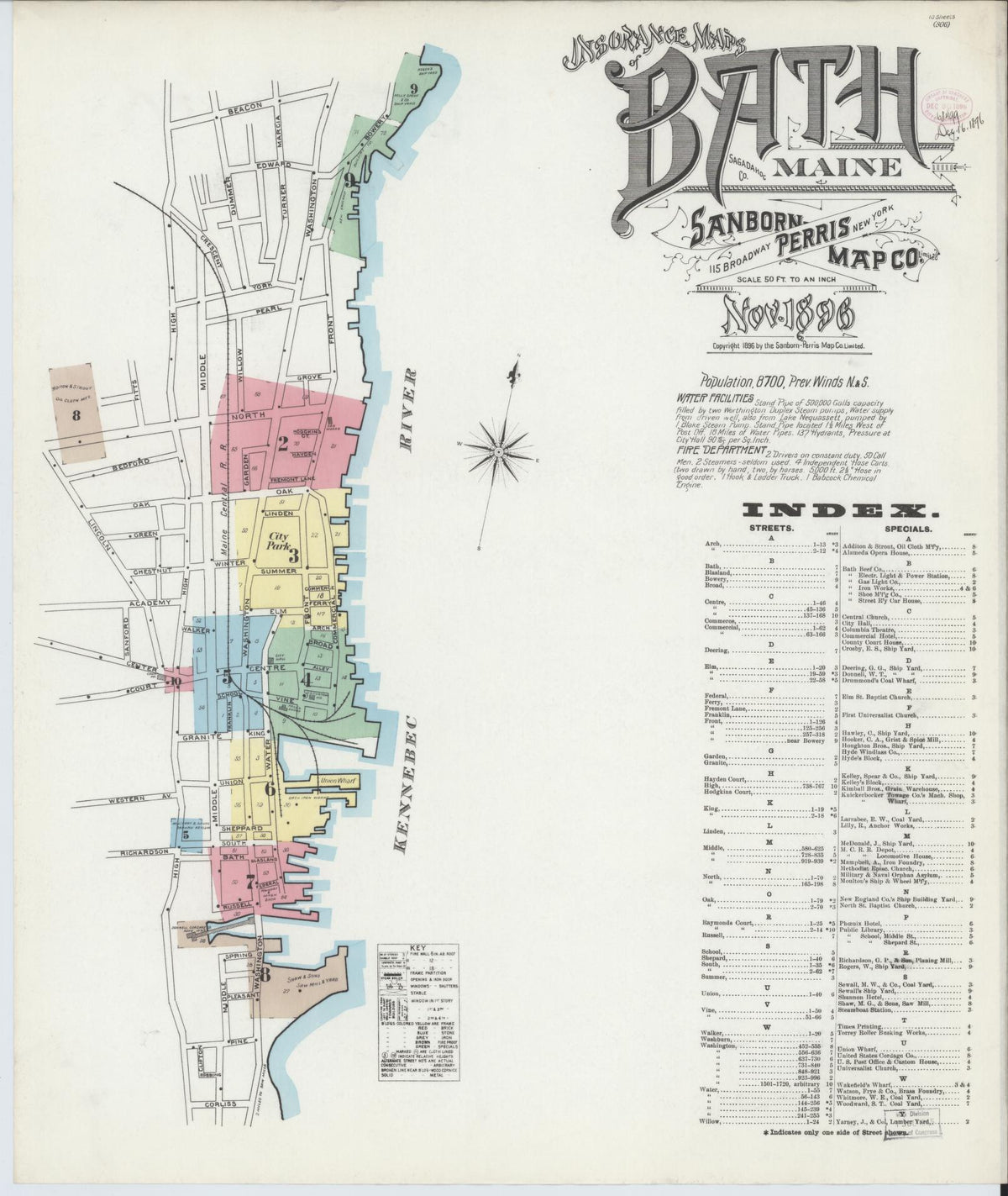 Sanborn Fire Insurance Map from Bath, Sagadahoc County, Maine (1896), Sheet #0001 - Historic Sanborn Fire Insurance Map Print, vintage old map wall art, antique decor, genealogy gift, Maine Maine map