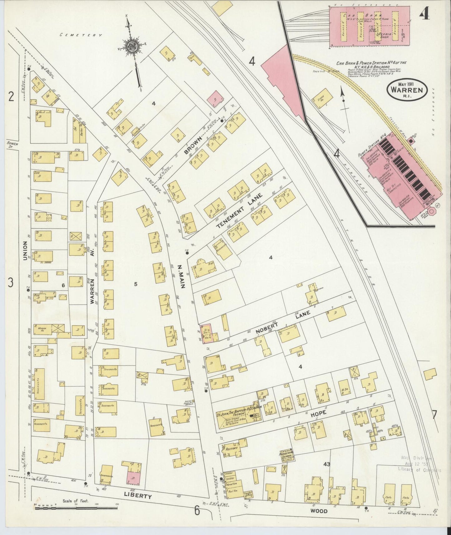 Sanborn Fire Insurance Map from Warren, Bristol County, Rhode Island (1911), Sheet #0004 - Historic Sanborn Fire Insurance Map Print, vintage old map wall art, antique decor, genealogy gift, Rhode Island Rhode Island map