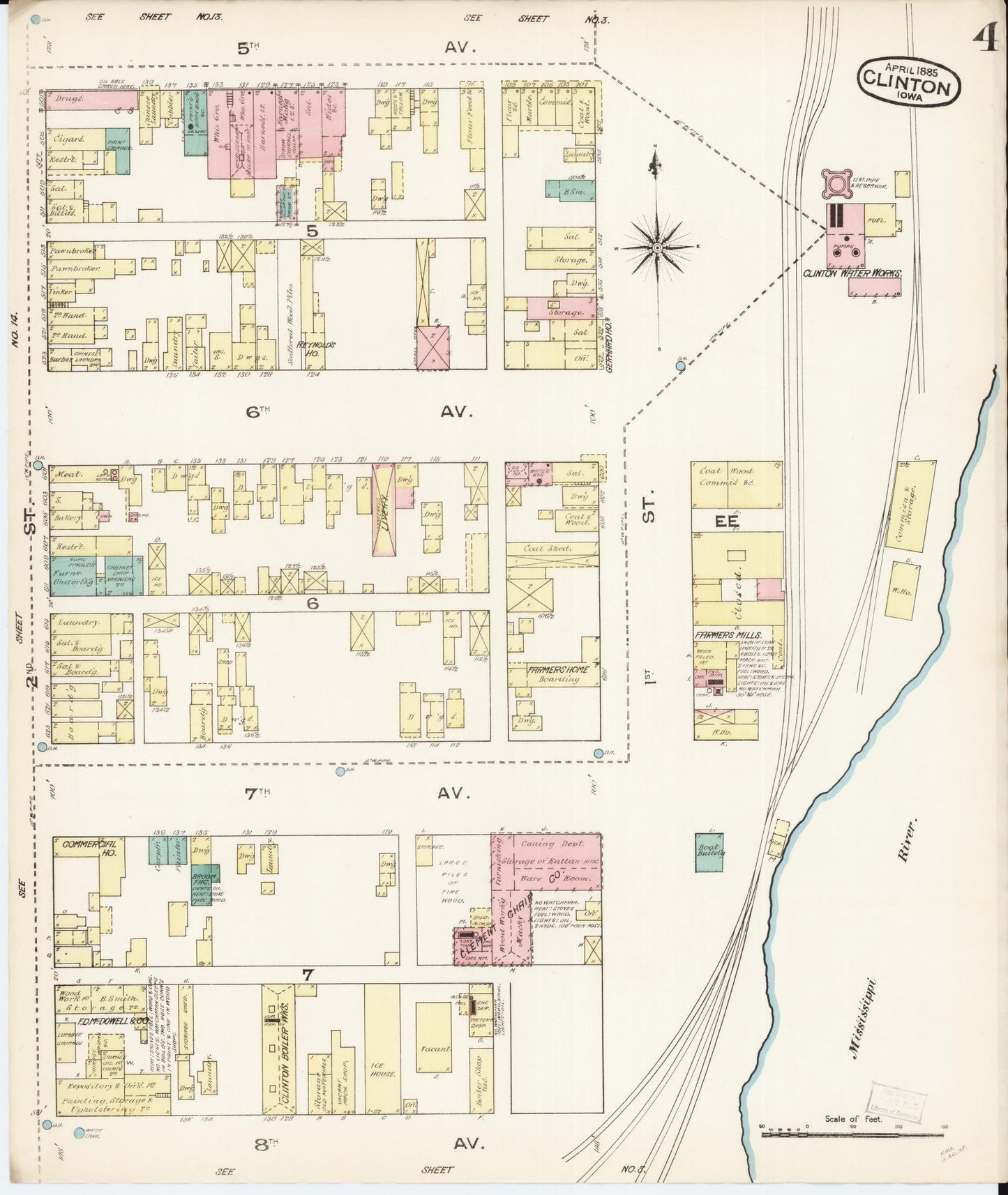 Sanborn Fire Insurance Map from Clinton, Clinton County, Iowa (1885), Sheet #0004 - Historic Sanborn Fire Insurance Map Print, vintage old map wall art