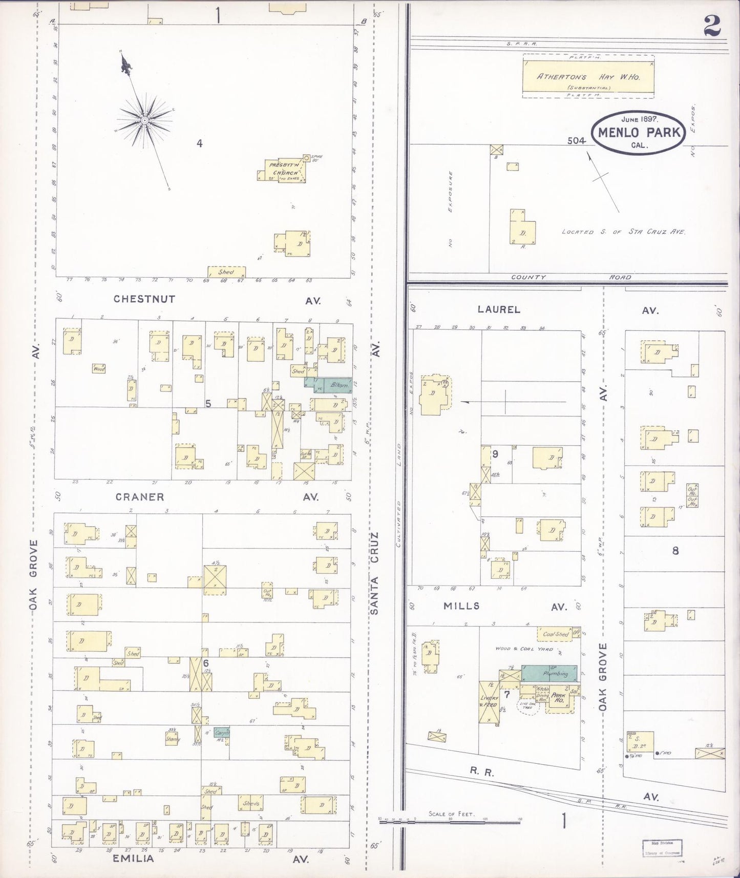 Sanborn Fire Insurance Map from Menlo Park, San Mateo County, California (1897), Sheet #0002 - Historic Sanborn Fire Insurance Map Print, vintage old map wall art, antique decor, genealogy gift, California California map
