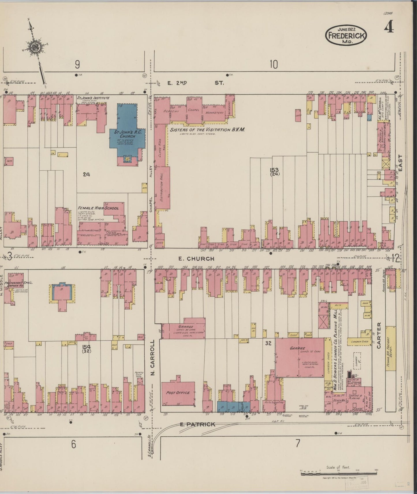 Sanborn Fire Insurance Map from Frederick, Frederick County, Maryland (1922), Sheet #0004 - Historic Sanborn Fire Insurance Map Print, vintage old map wall art