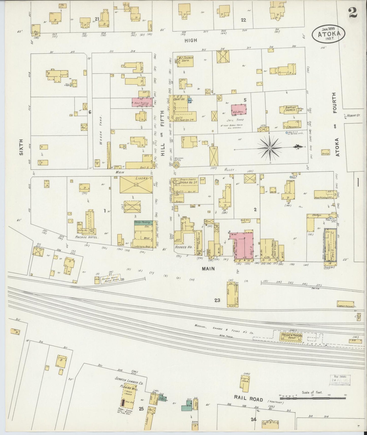 Sanborn Fire Insurance Map from Atoka, Atoka County, Oklahoma (1899), Sheet #0002 - Historic Sanborn Fire Insurance Map Print, vintage old map wall art, antique decor, genealogy gift, Oklahoma Oklahoma map