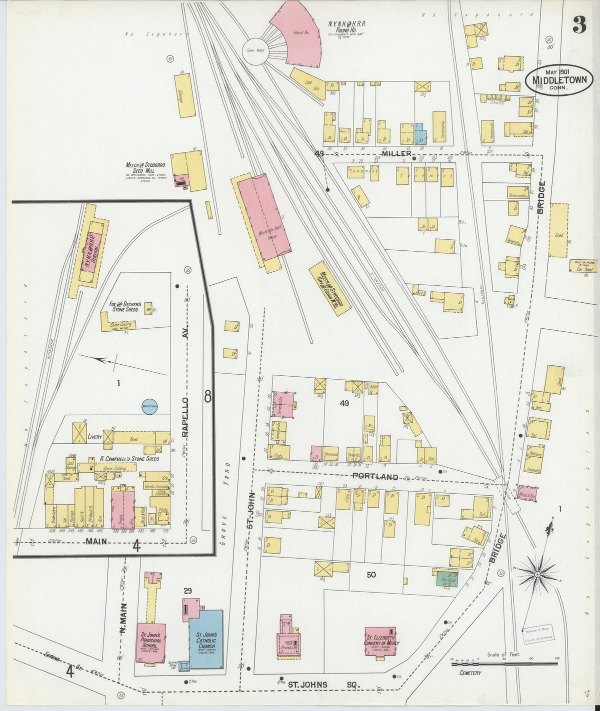 Sanborn Fire Insurance Map from Middletown, Middlesex County, Connecticut (1901), Sheet #0003 - Historic Sanborn Fire Insurance Map Print, vintage old map wall art, antique decor, genealogy gift, Connecticut Connecticut map