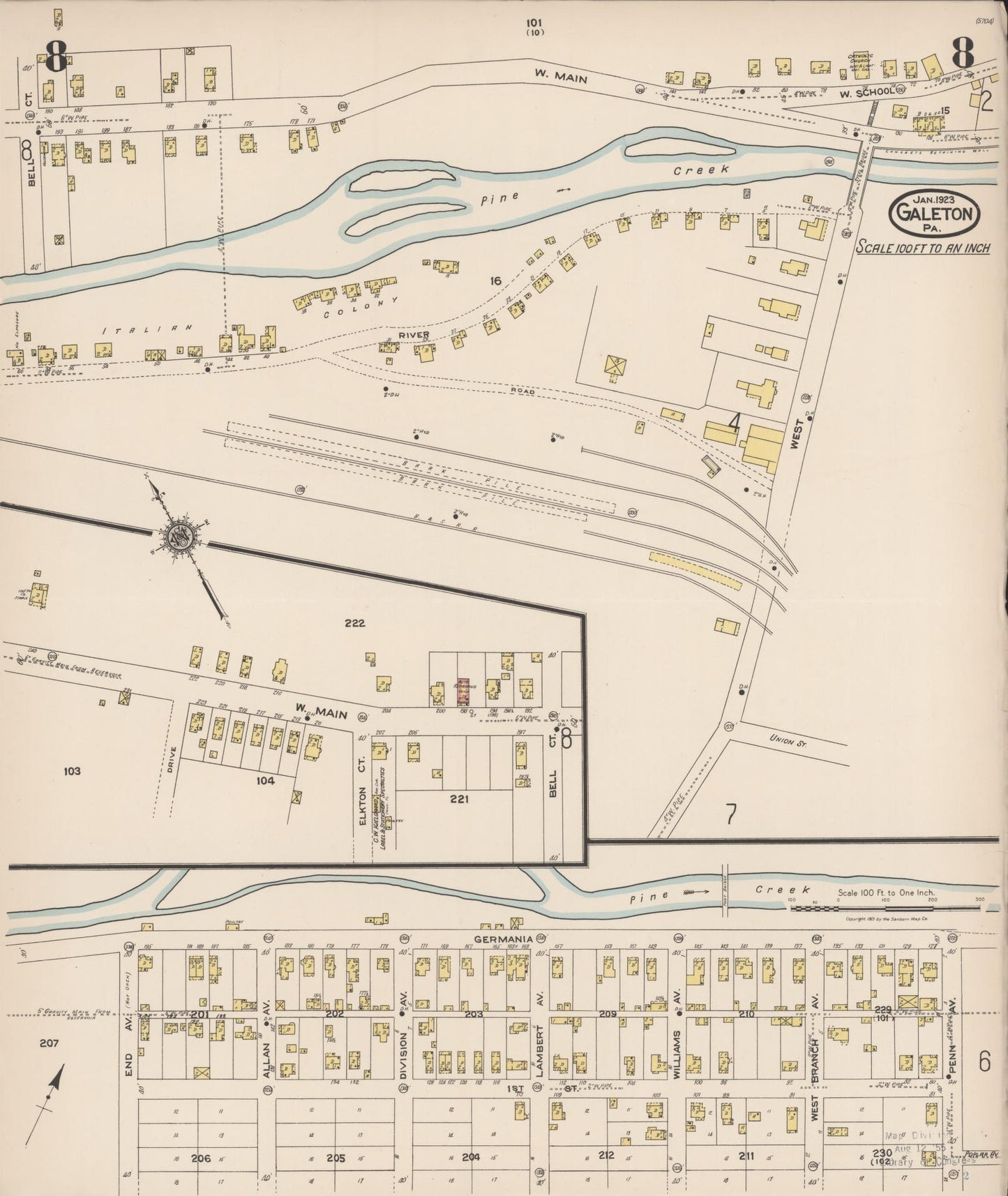 Sanborn Fire Insurance Map from Galeton, Potter County, Pennsylvania (1923), Sheet #0008 - Historic Sanborn Fire Insurance Map Print, vintage old map wall art, antique decor, genealogy gift, Pennsylvania Pennsylvania map