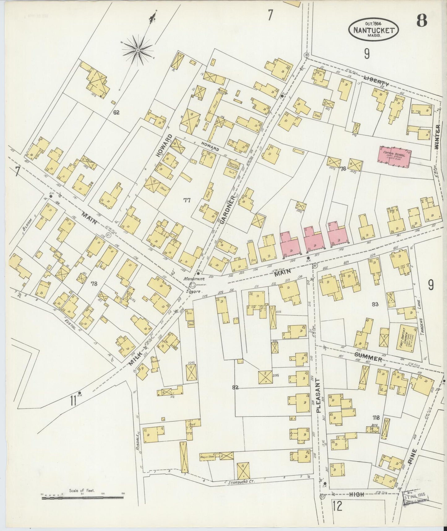 Sanborn Fire Insurance Map from Nantucket, Nantucket County, Massachusetts (1904), Sheet #0008 - Historic Sanborn Fire Insurance Map Print, vintage old map wall art, antique decor, genealogy gift, Massachusetts Massachusetts map