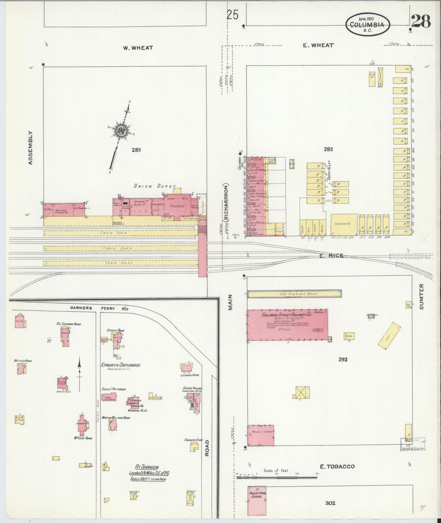 Sanborn Fire Insurance Map from Columbia, Richland County, South Carolina (1910), Sheet #0028 - Historic Sanborn Fire Insurance Map Print, vintage old map wall art, antique decor, genealogy gift, South Carolina South Carolina map