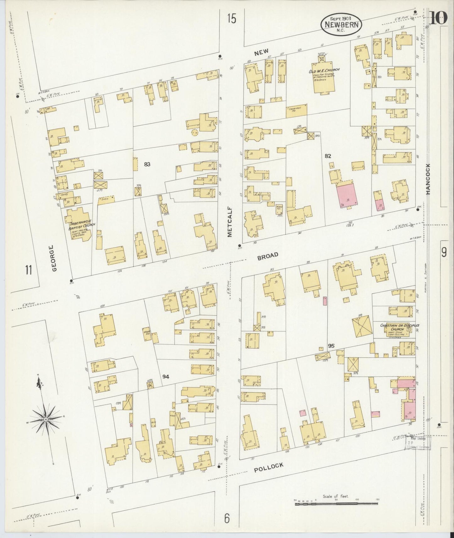 Sanborn Fire Insurance Map from New Bern, Craven County, North Carolina (1908), Sheet #0010 - Historic Sanborn Fire Insurance Map Print, vintage old map wall art, antique decor, genealogy gift, North Carolina North Carolina map