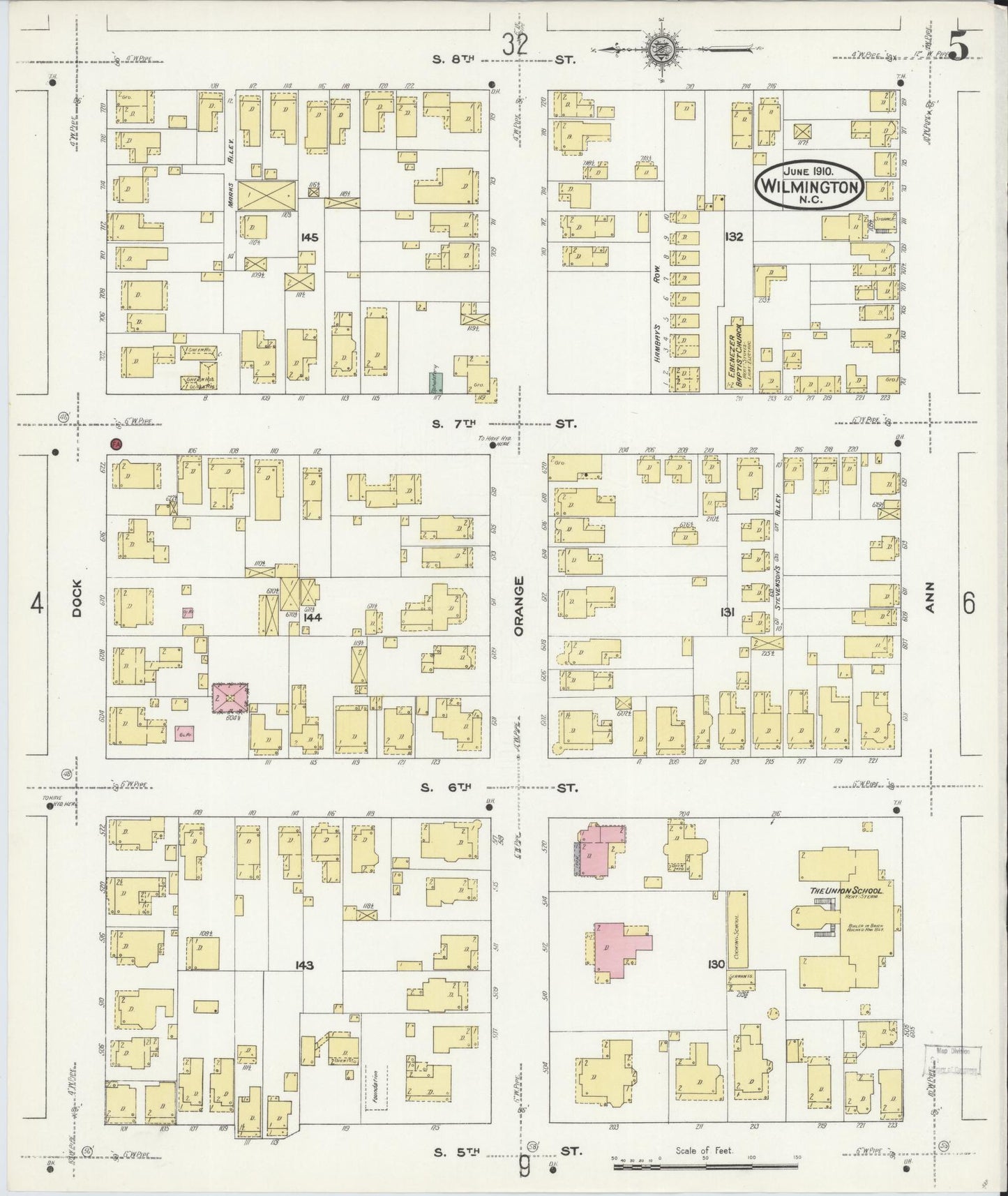 Sanborn Fire Insurance Map from Wilmington, New Hanover County, North Carolina (1910), Sheet #0005 - Historic Sanborn Fire Insurance Map Print, vintage old map wall art, antique decor, genealogy gift, North Carolina North Carolina map