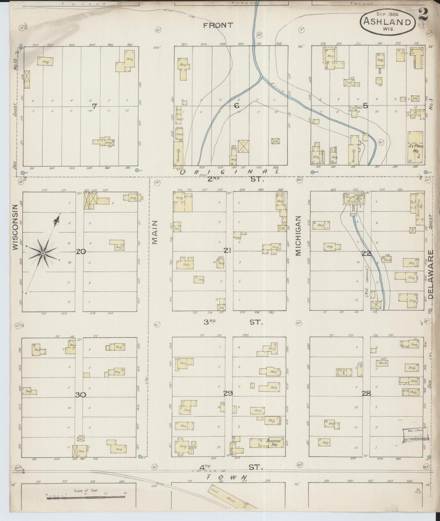 Sanborn Fire Insurance Map from Ashland, Ashland County, Wisconsin (1886), Sheet #0002 - Historic Sanborn Fire Insurance Map Print, vintage old map wall art, antique decor, genealogy gift, Wisconsin Wisconsin map