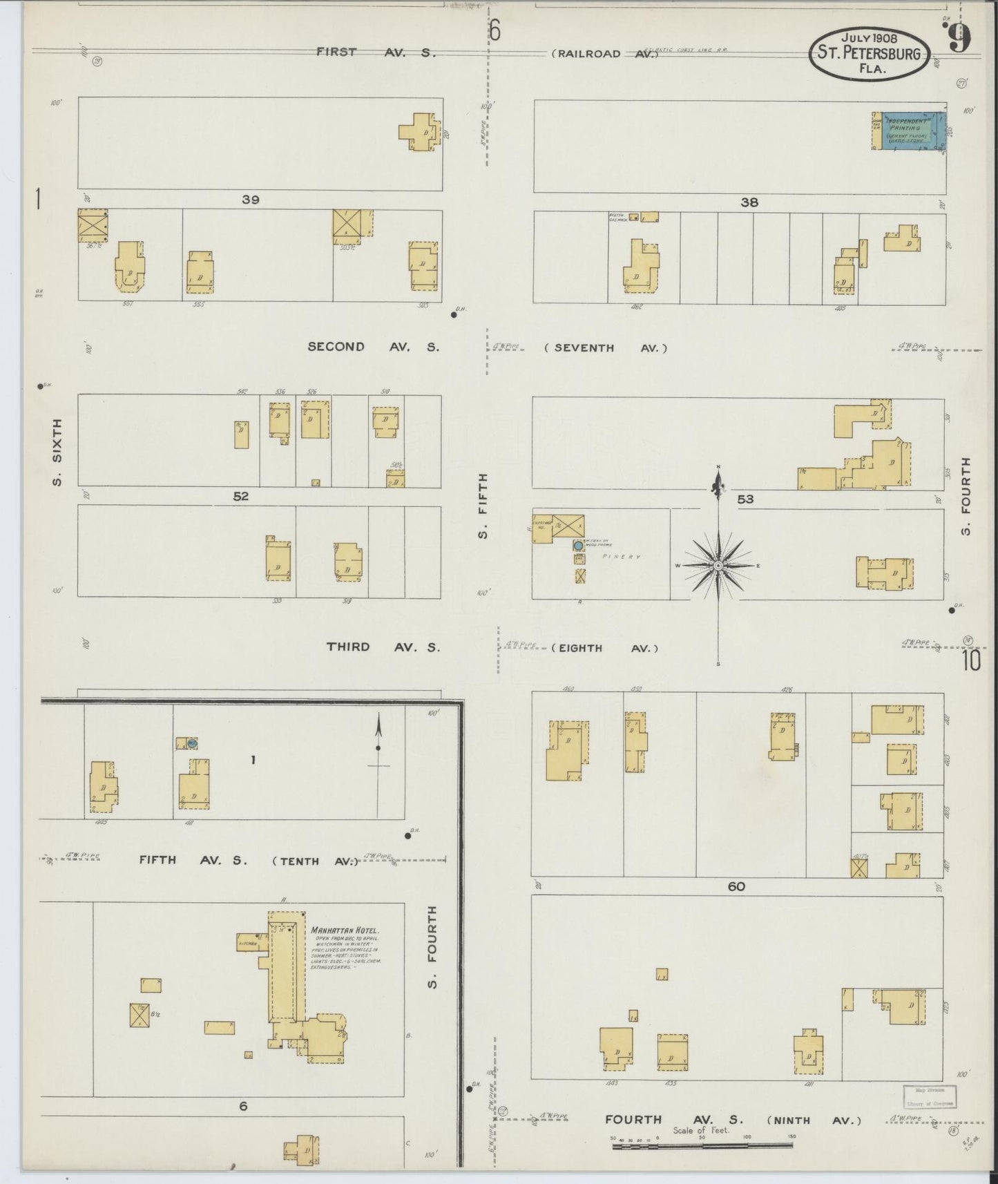 Sanborn Fire Insurance Map from Saint Petersburg, Pinellas County, Florida (1908), Sheet #0009 - Historic Sanborn Fire Insurance Map Print, vintage old map wall art, antique decor, genealogy gift, Florida Florida map