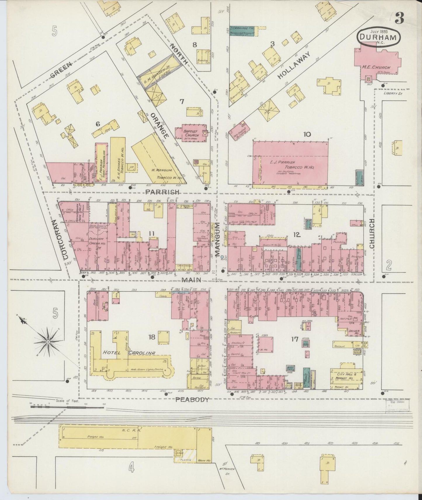 Sanborn Fire Insurance Map from Durham, Durham County, North Carolina (1893), Sheet #0003 - Historic Sanborn Fire Insurance Map Print, vintage old map wall art, antique decor, genealogy gift, North Carolina North Carolina map