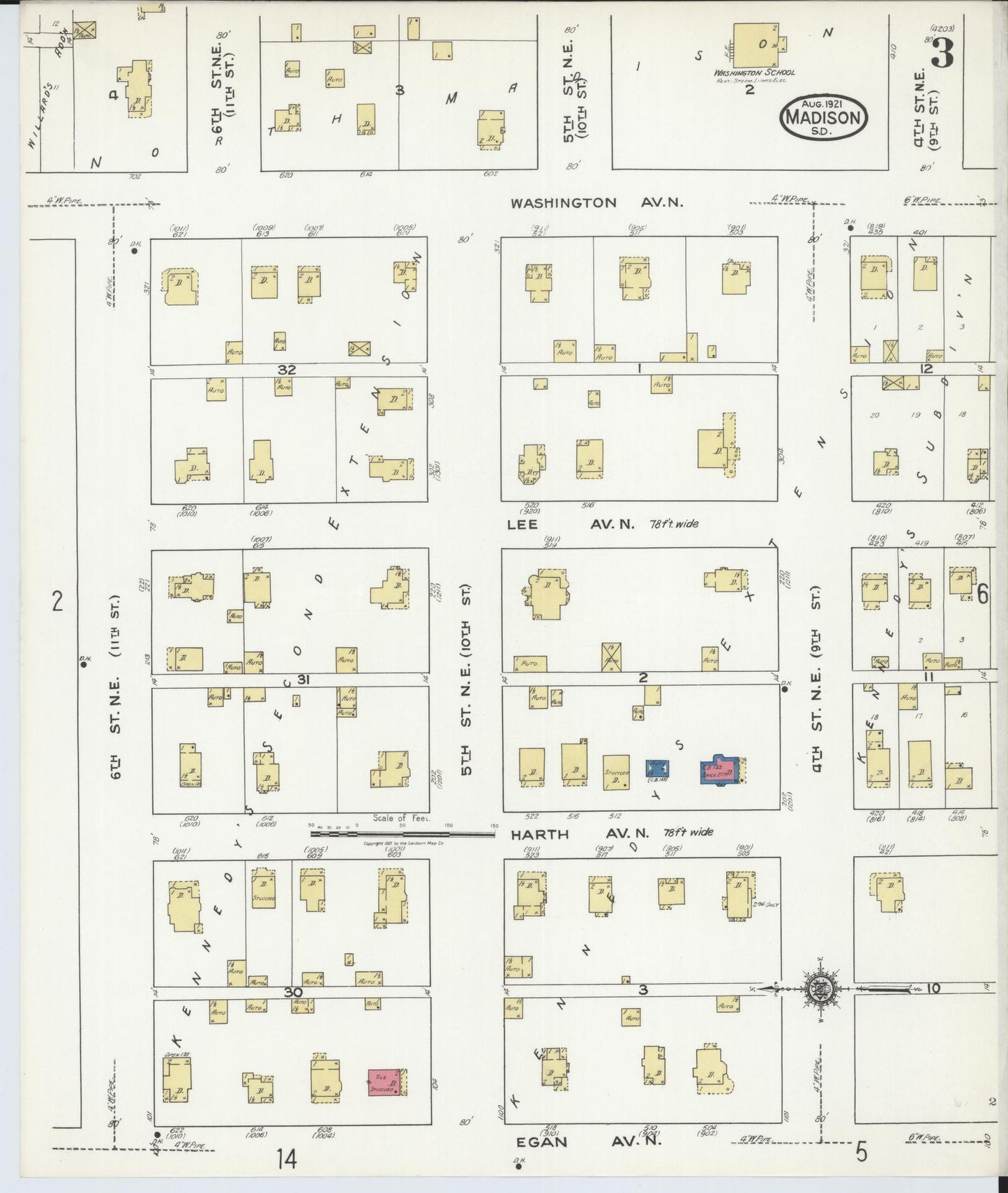Sanborn Fire Insurance Map from Madison, Lake County, South Dakota (1921), Sheet #0003 - Historic Sanborn Fire Insurance Map Print, vintage old map wall art, antique decor, genealogy gift, South Dakota South Dakota map