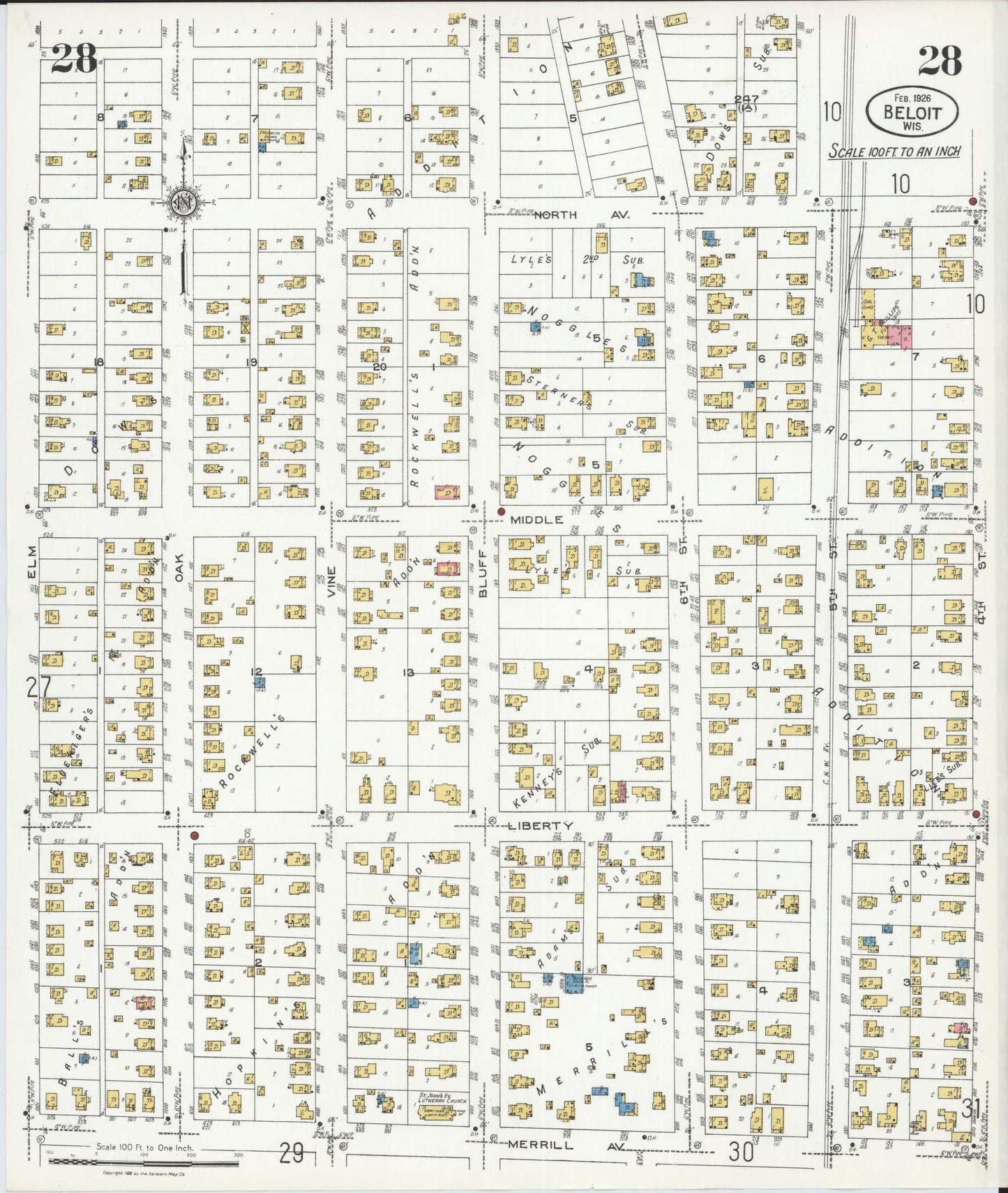 Sanborn Fire Insurance Map from Beloit, Rock County, Wisconsin (1926), Sheet #0028 - Historic Sanborn Fire Insurance Map Print, vintage old map wall art, antique decor, genealogy gift, Wisconsin Wisconsin map