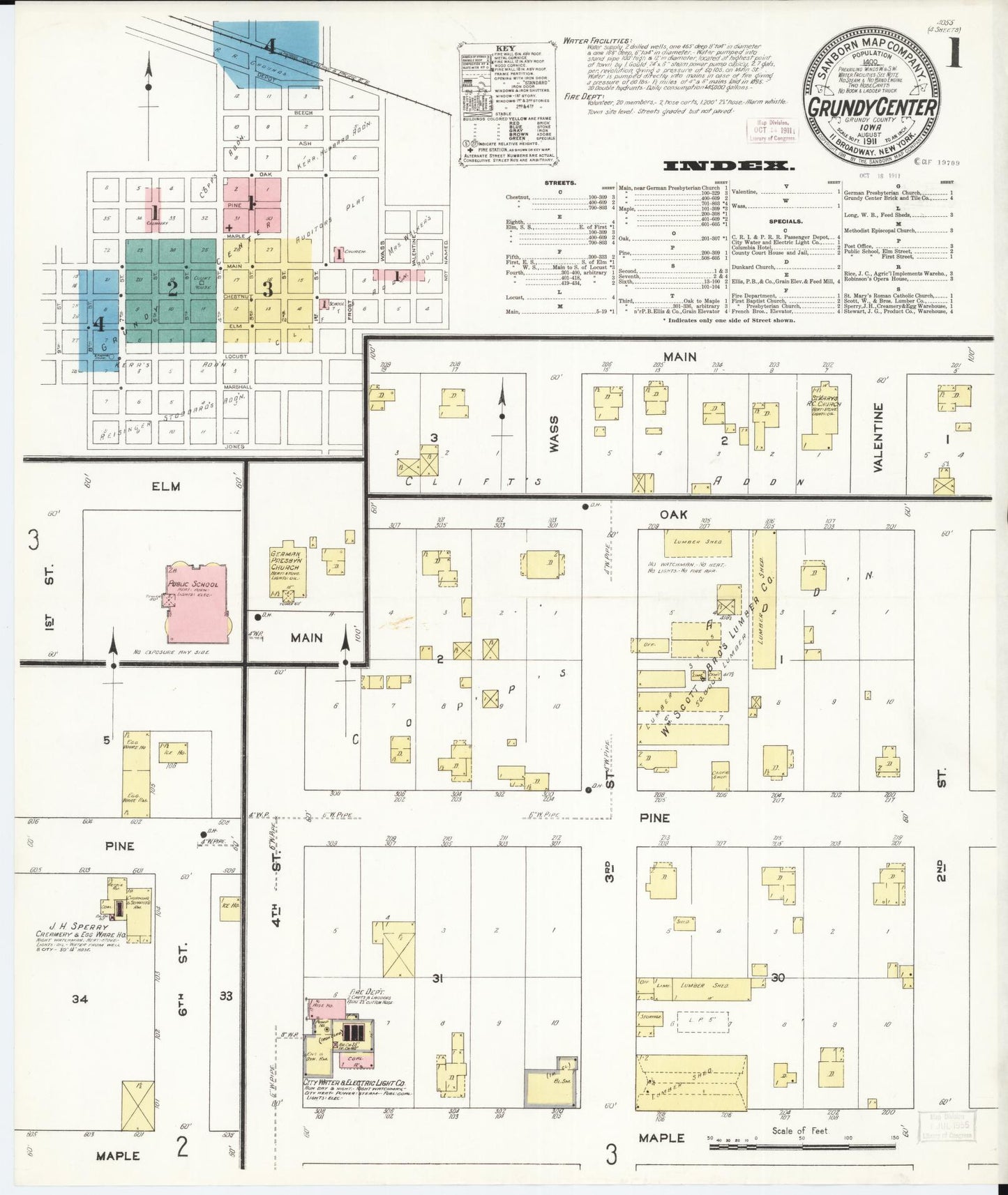 Sanborn Fire Insurance Map from Grundy Center, Grundy County, Iowa (1911), Sheet #0001 - Historic Sanborn Fire Insurance Map Print, vintage old map wall art