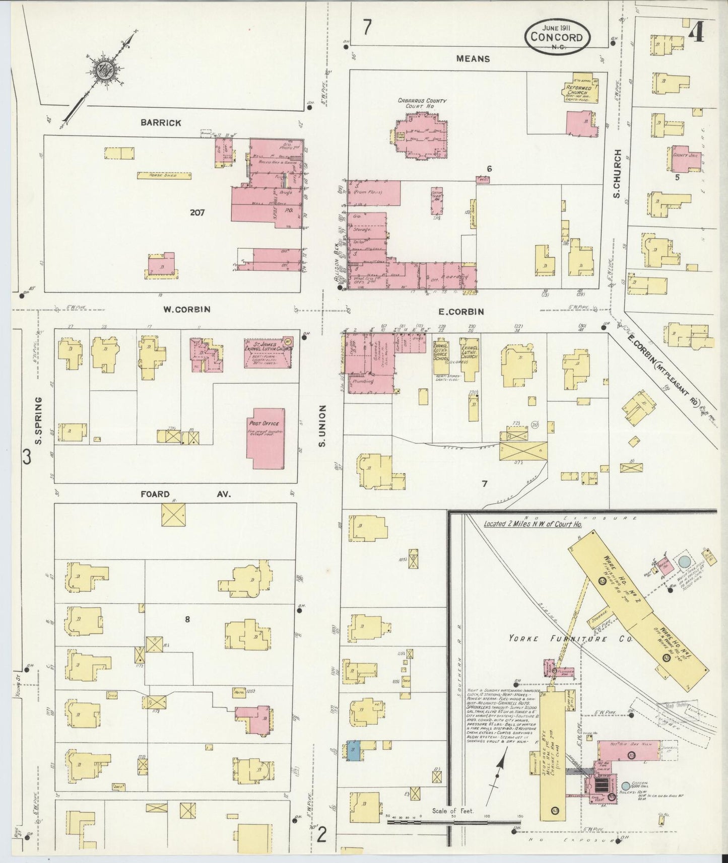 Sanborn Fire Insurance Map from Concord, Cabarrus County, North Carolina (1911), Sheet #0004 - Historic Sanborn Fire Insurance Map Print, vintage old map wall art, antique decor, genealogy gift, North Carolina North Carolina map