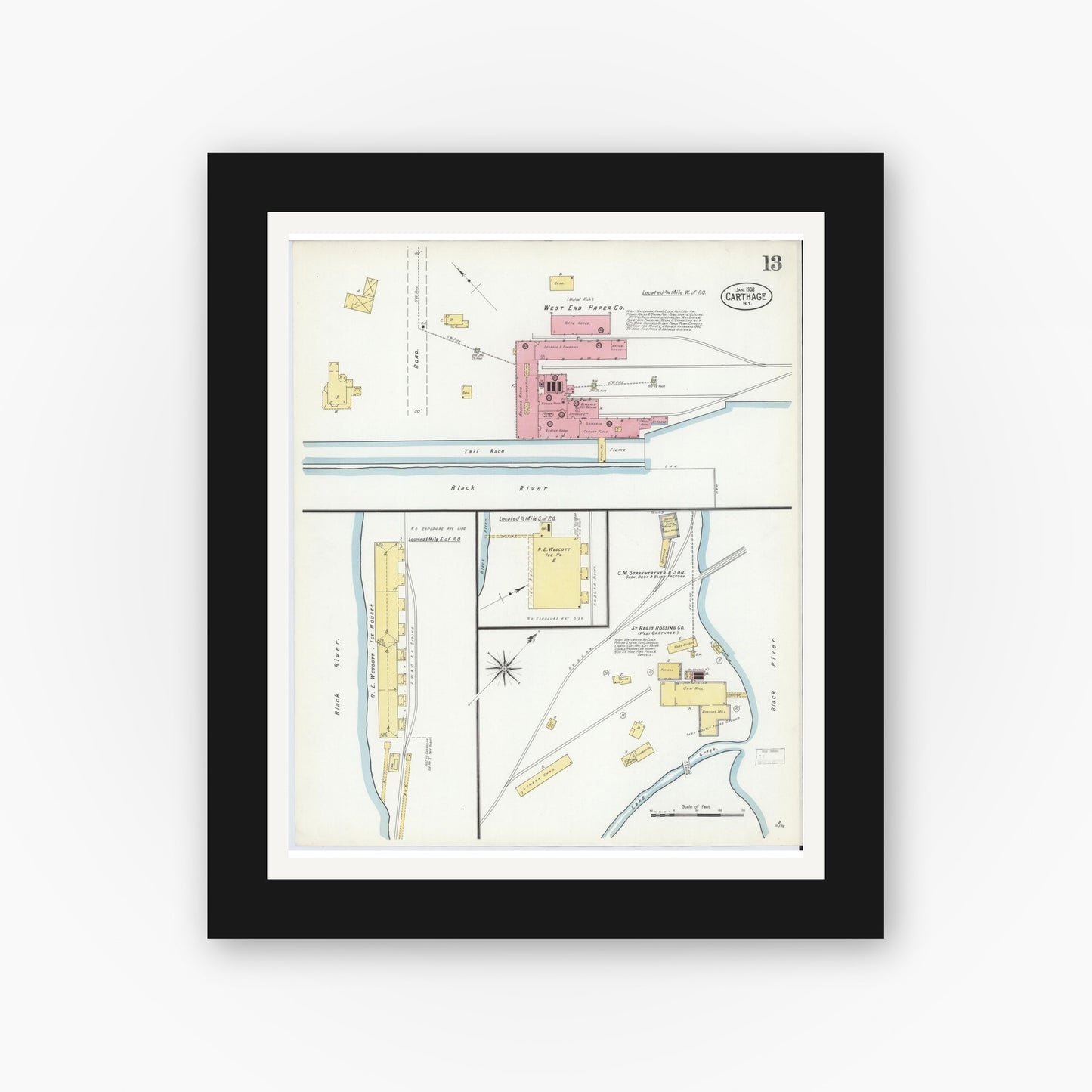 Old map wall art mockup — black gallery frame with white mat — Sanborn Fire Insurance Map from Carthage, Jefferson County, New York (1908), Sheet #0013