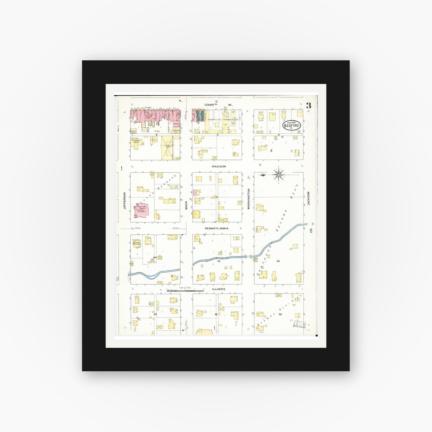Old map wall art mockup — black gallery frame with white mat — Sanborn Fire Insurance Map from Bedford, Taylor County, Iowa (1909), Sheet #0003