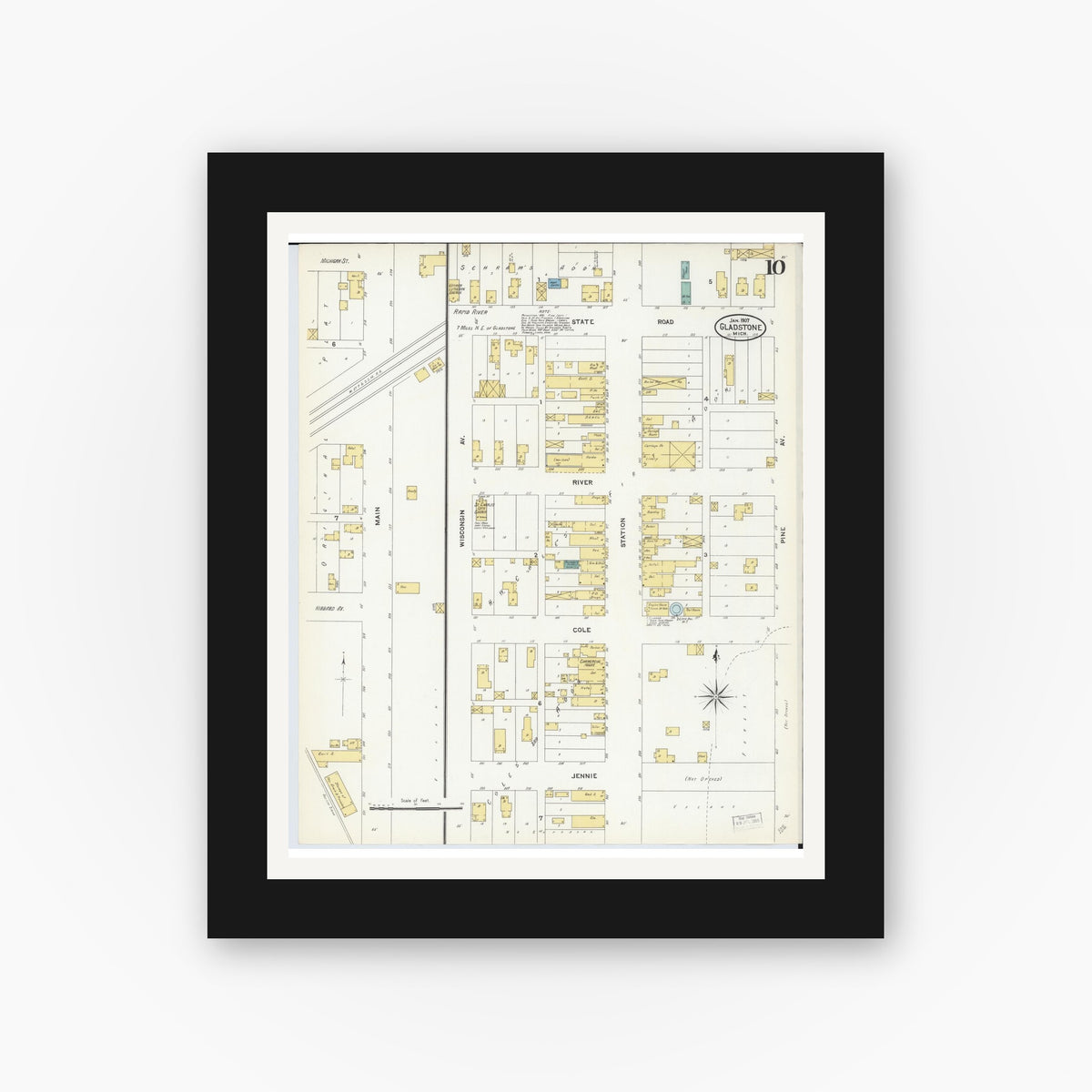 Old map wall art mockup — black gallery frame with white mat — Sanborn Fire Insurance Map from Gladstone, Delta County, Michigan (1907), Sheet #0010