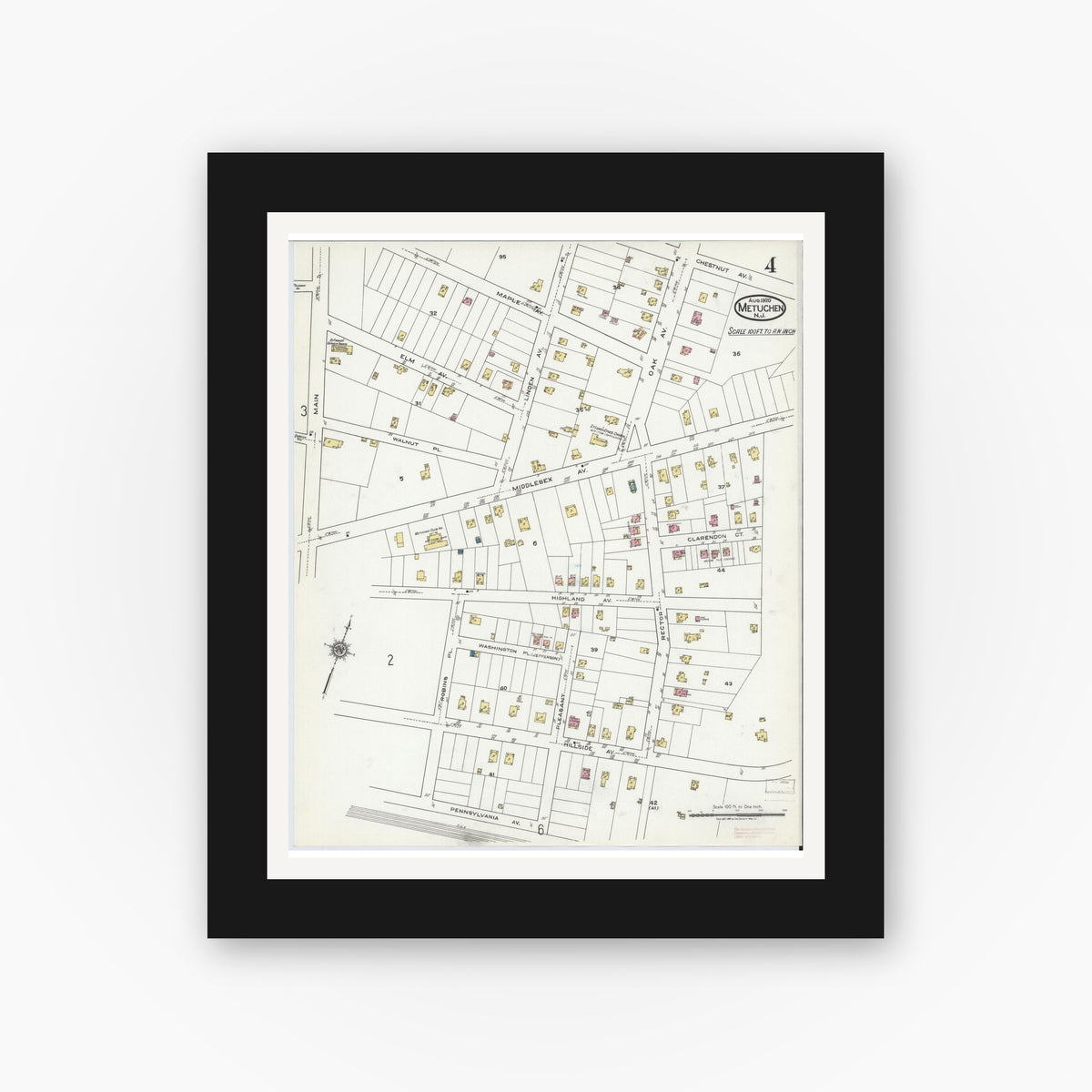 Old map wall art mockup — black gallery frame with white mat — Sanborn Fire Insurance Map from Metuchen, Middlesex County, New Jersey (1920), Sheet #0004