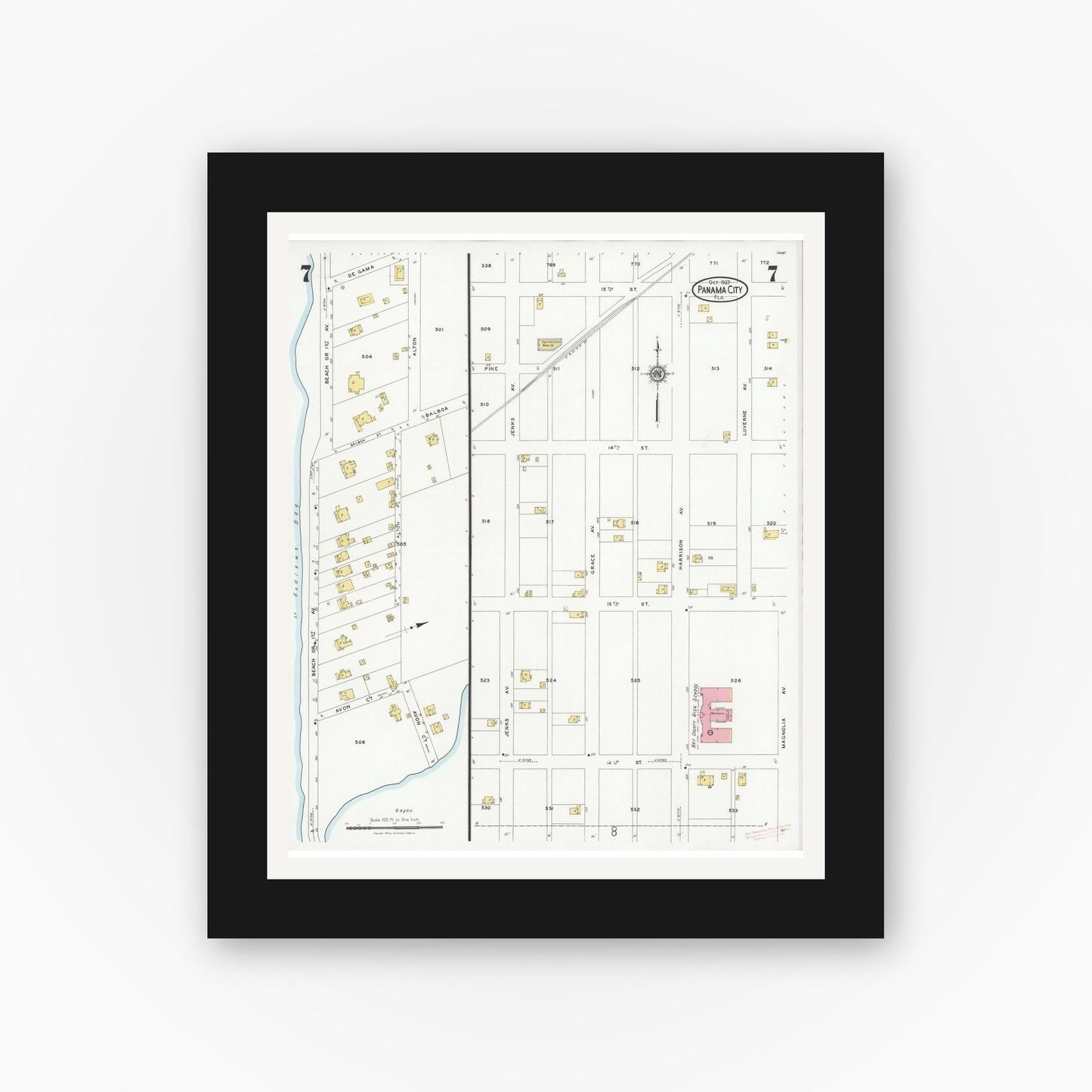 Old map wall art mockup — black gallery frame with white mat — Sanborn Fire Insurance Map from Panama City, Bay County, Florida (1927), Sheet #0007