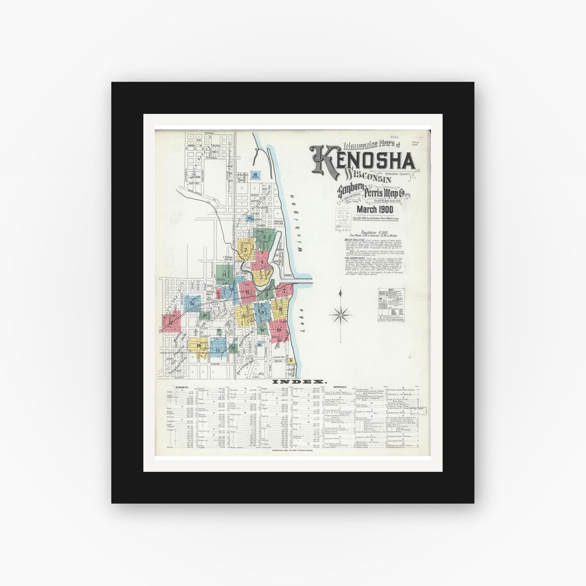 Old map wall art mockup — black gallery frame with white mat — Sanborn Fire Insurance Map from Kenosha, Kenosha County, Wisconsin (1900) - Complete Map Set